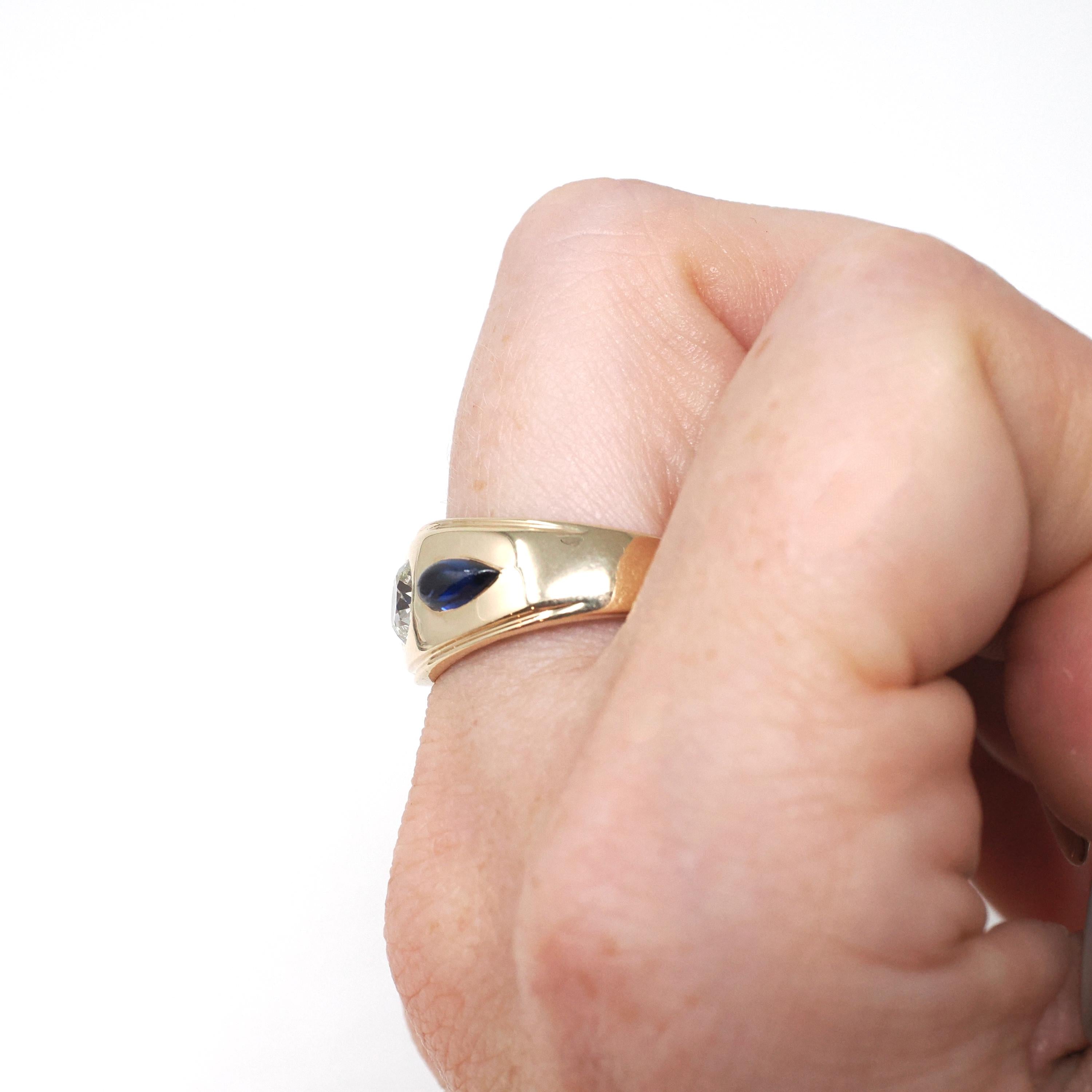 Diamond & Created Sapphire Ring - Mid Century 14k Yellow Gold Natural .57CT Old European Cut Band - Circa 1960s Size 9.5 Fine Bridal Jewelry