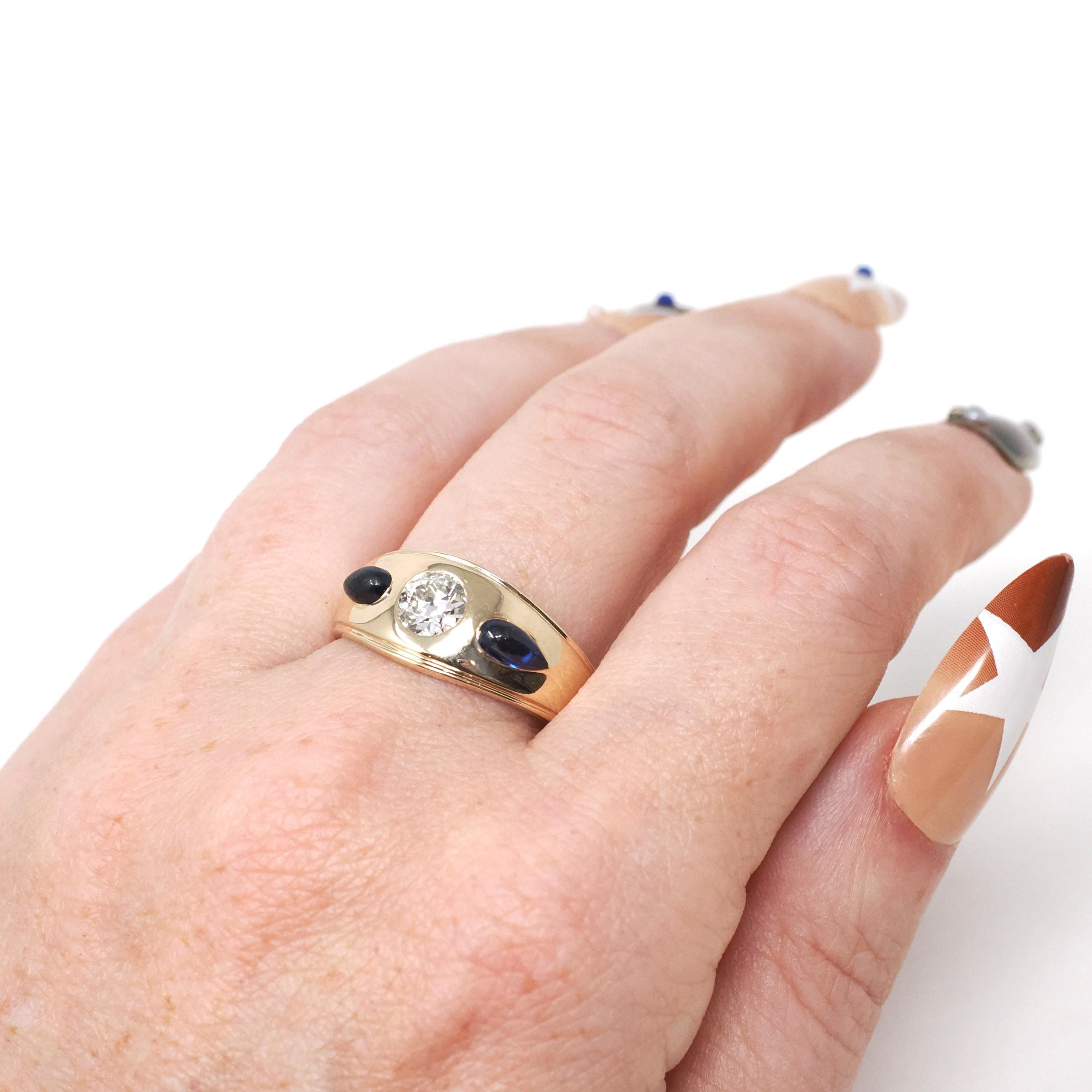 Diamond & Created Sapphire Ring - Mid Century 14k Yellow Gold Natural .57CT Old European Cut Band - Circa 1960s Size 9.5 Fine Bridal Jewelry