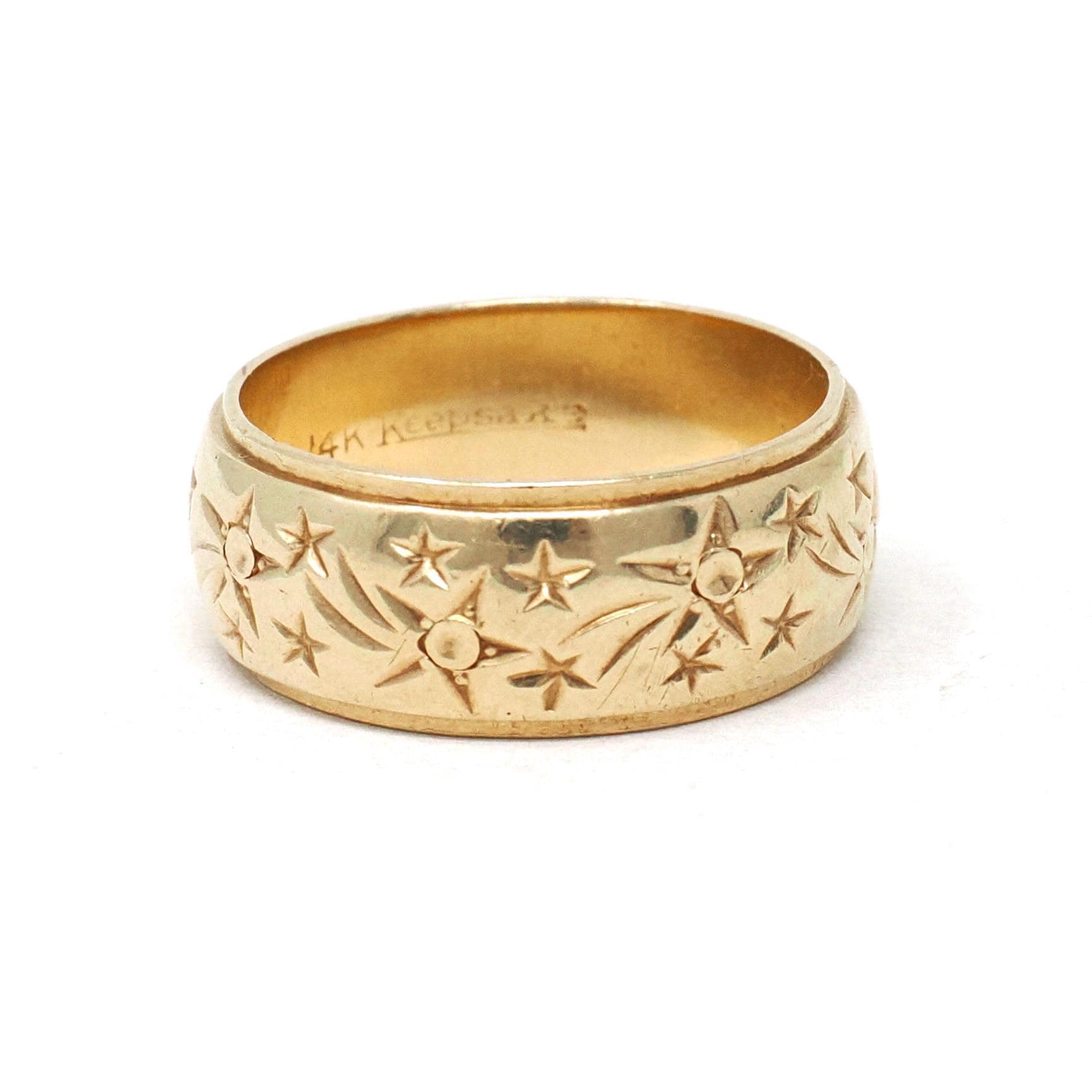 Vintage Shooting Star Band - Retro 14k Yellow Gold 8.5 MM Unisex Celestial Wedding Ring - Circa 1960s Size 8 1/2 Bridal Thumb Fine Jewelry