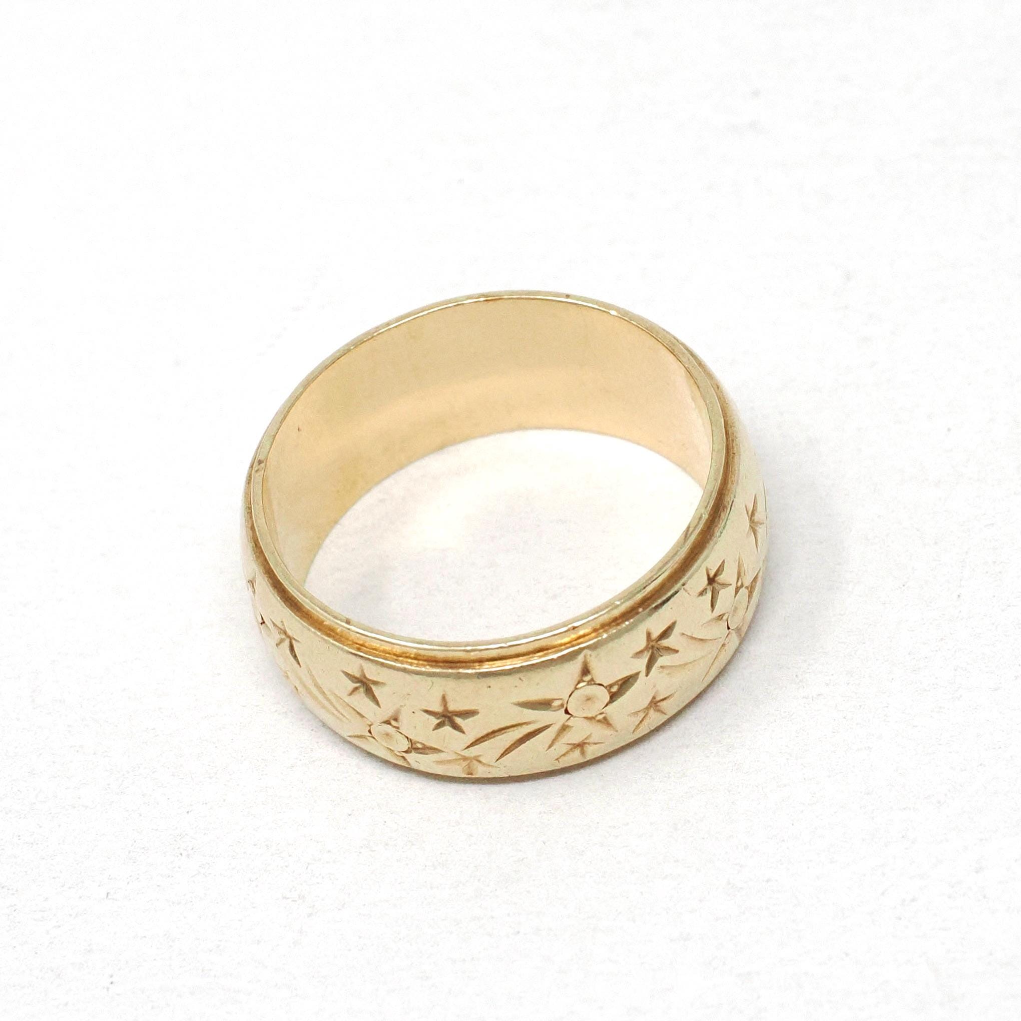 Vintage Shooting Star Band - Retro 14k Yellow Gold 8.5 MM Unisex Celestial Wedding Ring - Circa 1960s Size 8 1/2 Bridal Thumb Fine Jewelry