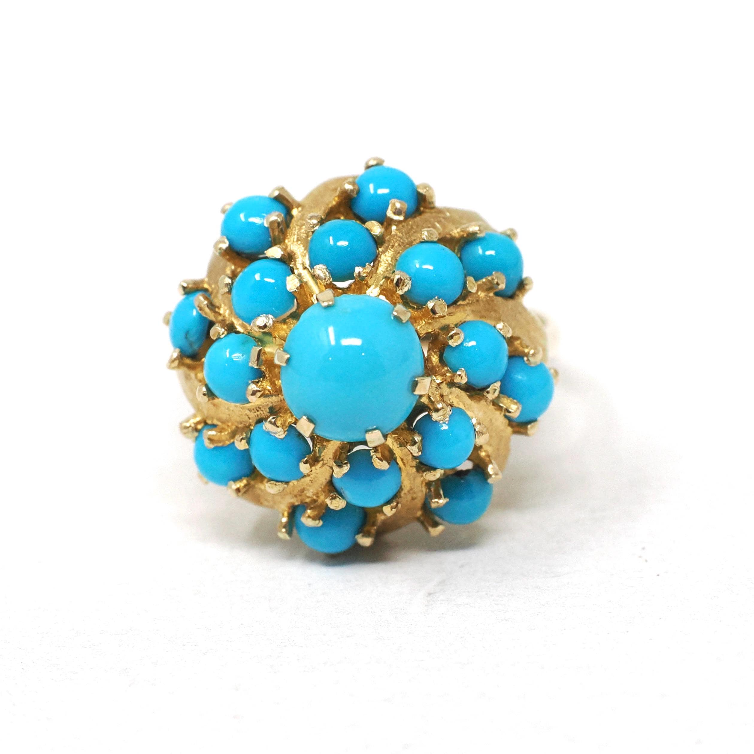 Turquoise Thai Princess Ring - Vintage 18k Yellow Gold Natural Blue Gemstone Flower Halo Size 7 - Retro 1960s 1970s Cluster Fine Jewelry