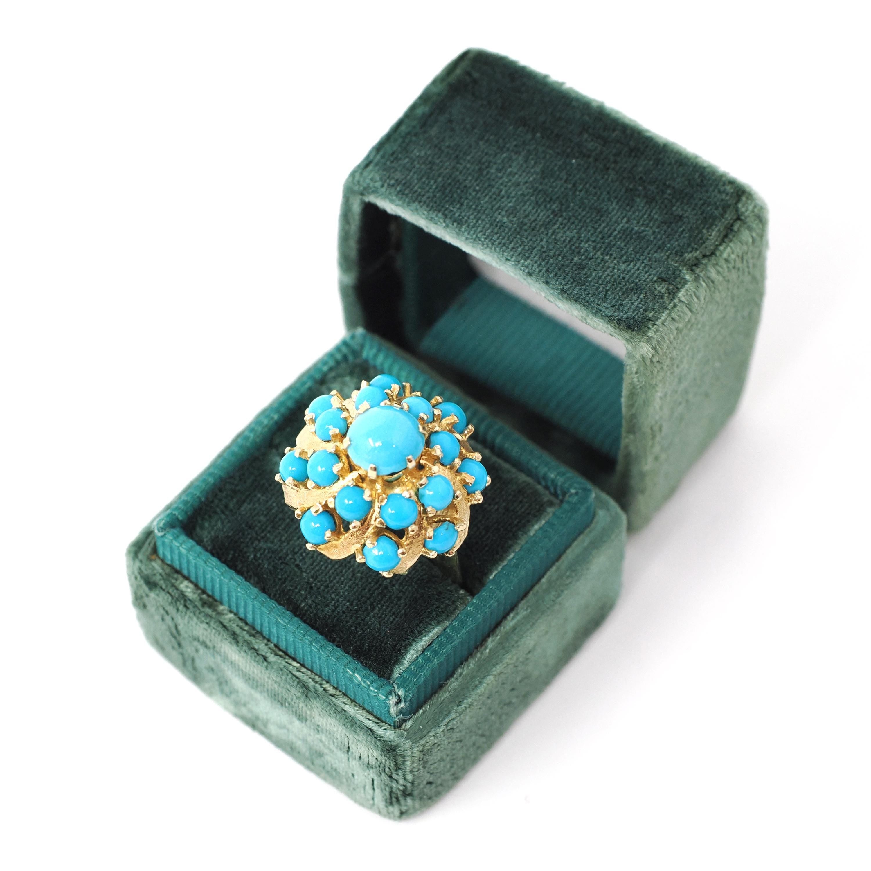 Turquoise Thai Princess Ring - Vintage 18k Yellow Gold Natural Blue Gemstone Flower Halo Size 7 - Retro 1960s 1970s Cluster Fine Jewelry