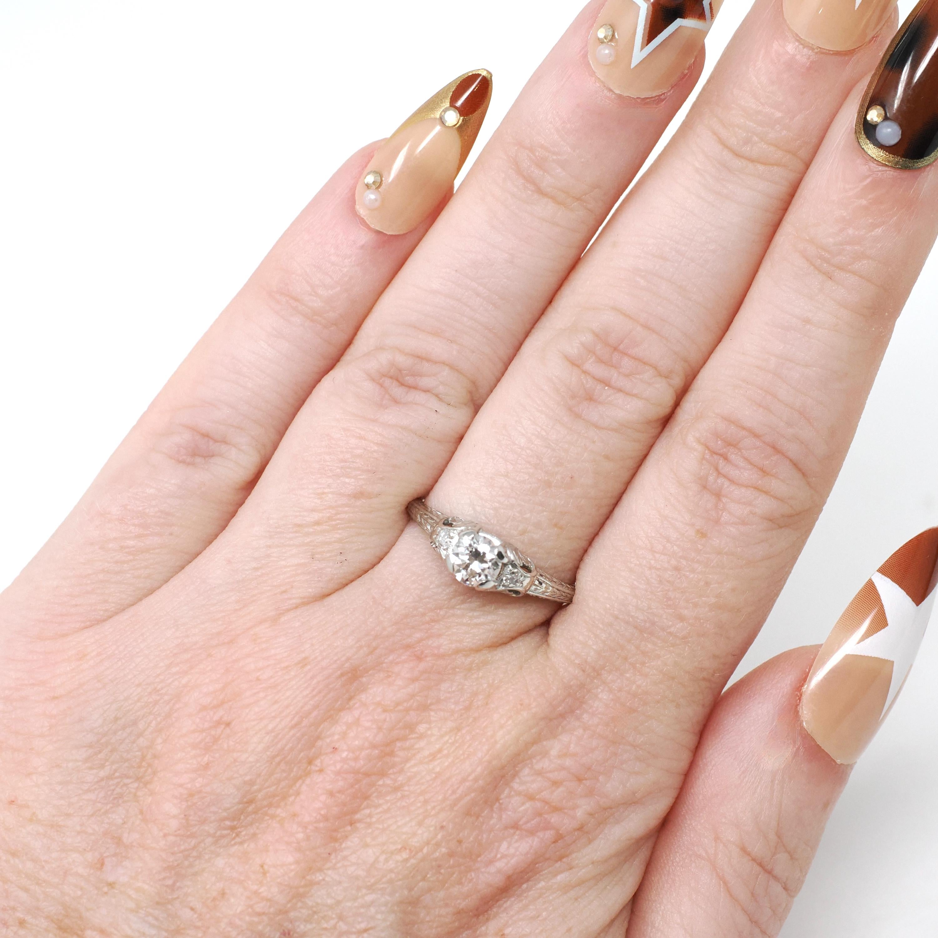 Vintage Engagement Ring - Art Deco Platinum Natural Diamond Wedding - Circa 1930s Era Size 6 1/2 Bridal Wheat Design Fine Statement Jewelry