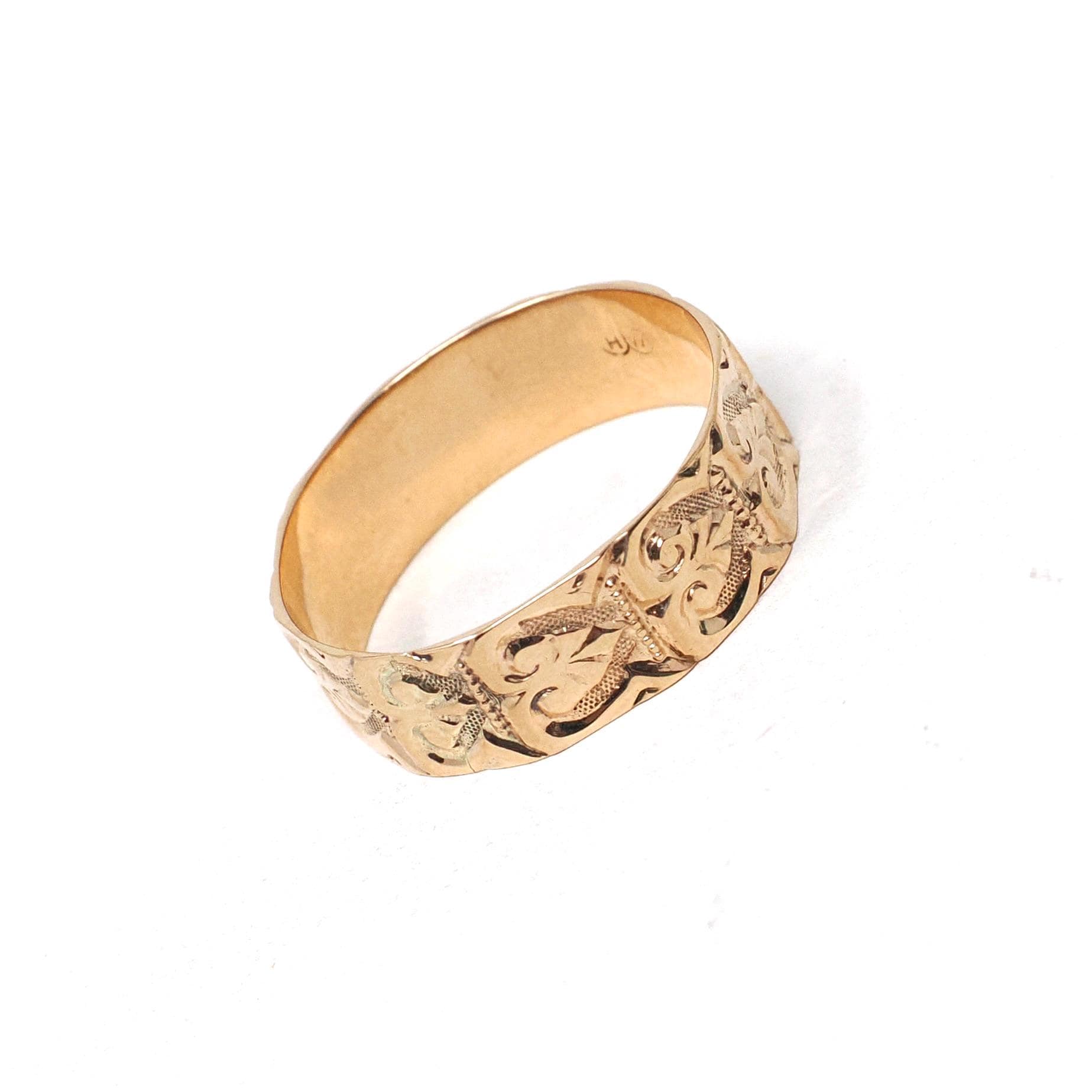 Antique Cigar Band - Edwardian 10k Rose Gold Nature Inspired Scroll Floral Design Ring - Circa 1890s Era Size 8 1/4 Statement Fine Jewelry