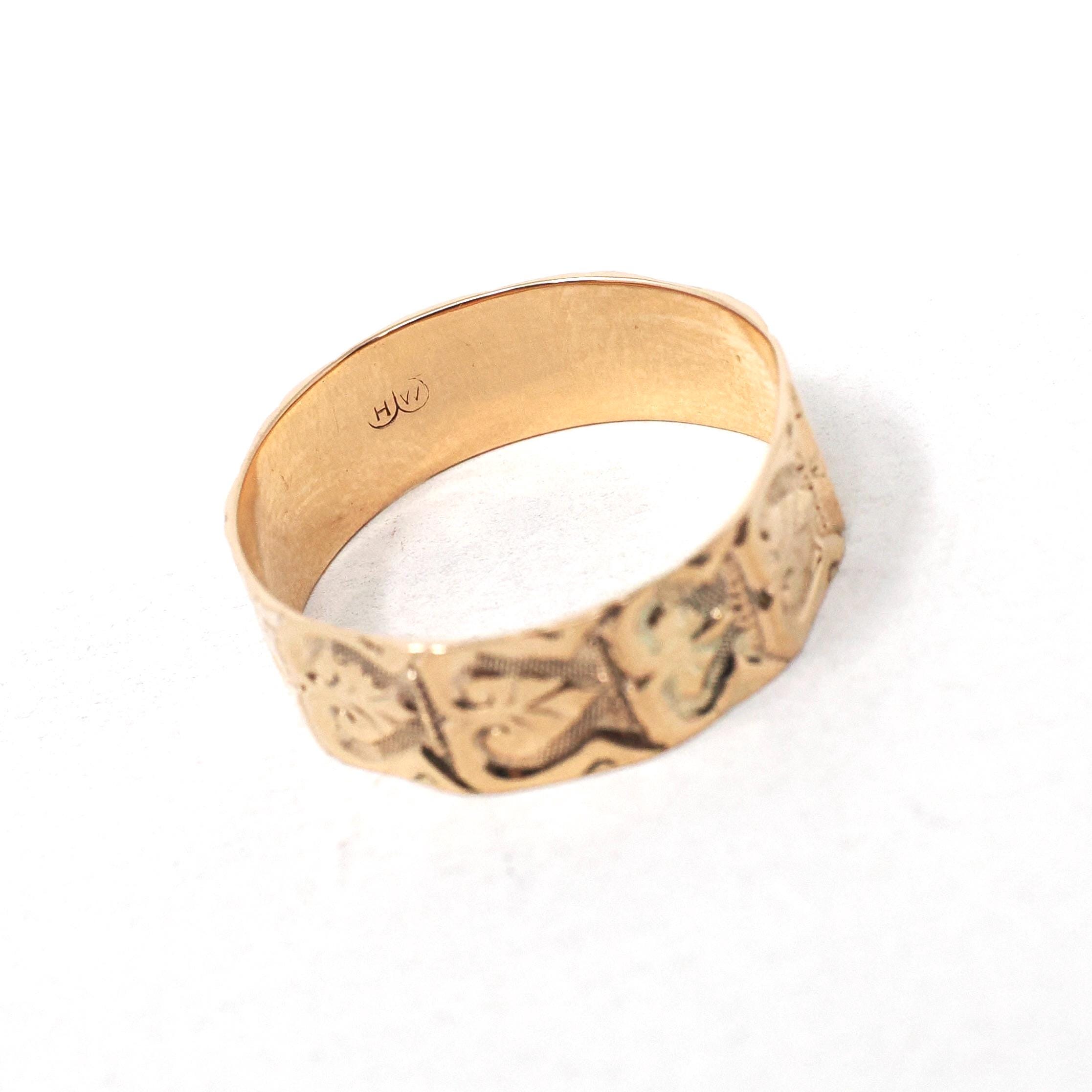 Antique Cigar Band - Edwardian 10k Rose Gold Nature Inspired Scroll Floral Design Ring - Circa 1890s Era Size 8 1/4 Statement Fine Jewelry