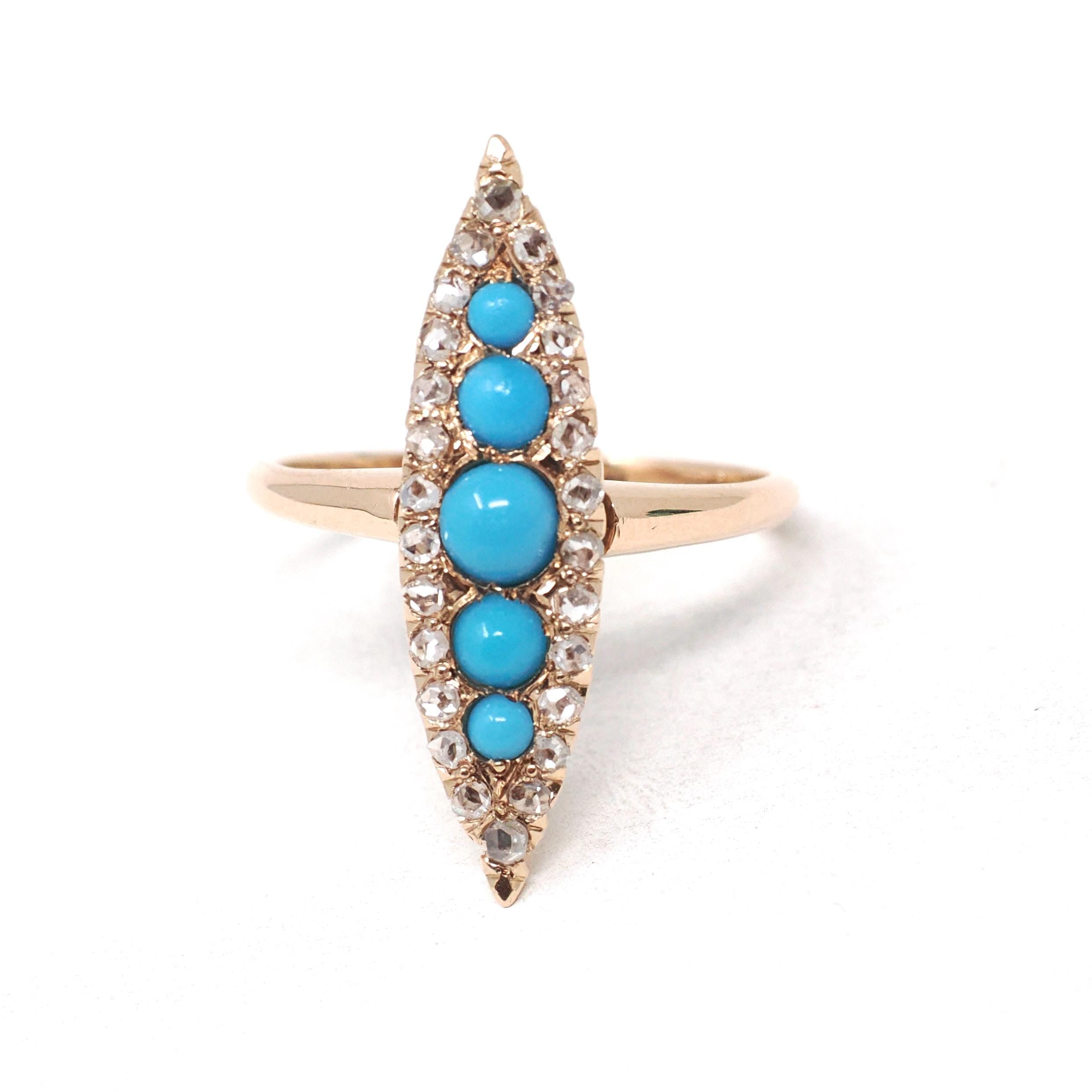 Antique Navette Ring - Victorian 10k Gold Natural Rose Cut Diamonds & Simulated Turquoise Statement - Vintage Circa 1900 Size 7 Fine Jewelry
