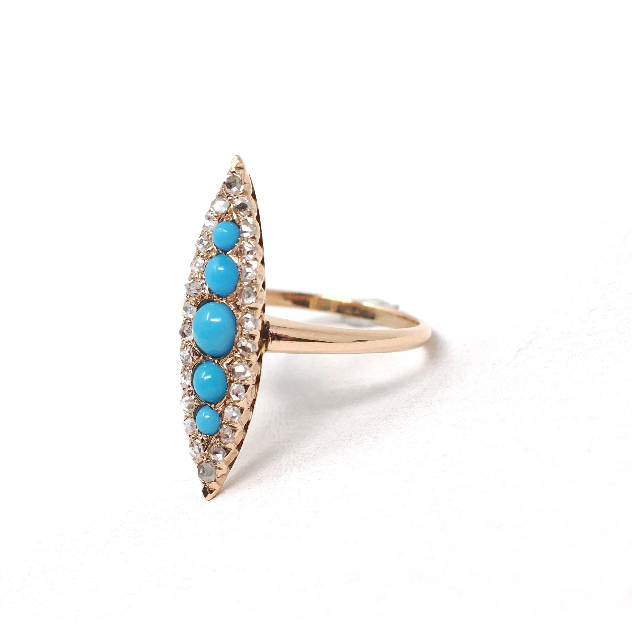 Antique Navette Ring - Victorian 10k Gold Natural Rose Cut Diamonds & Simulated Turquoise Statement - Vintage Circa 1900 Size 7 Fine Jewelry
