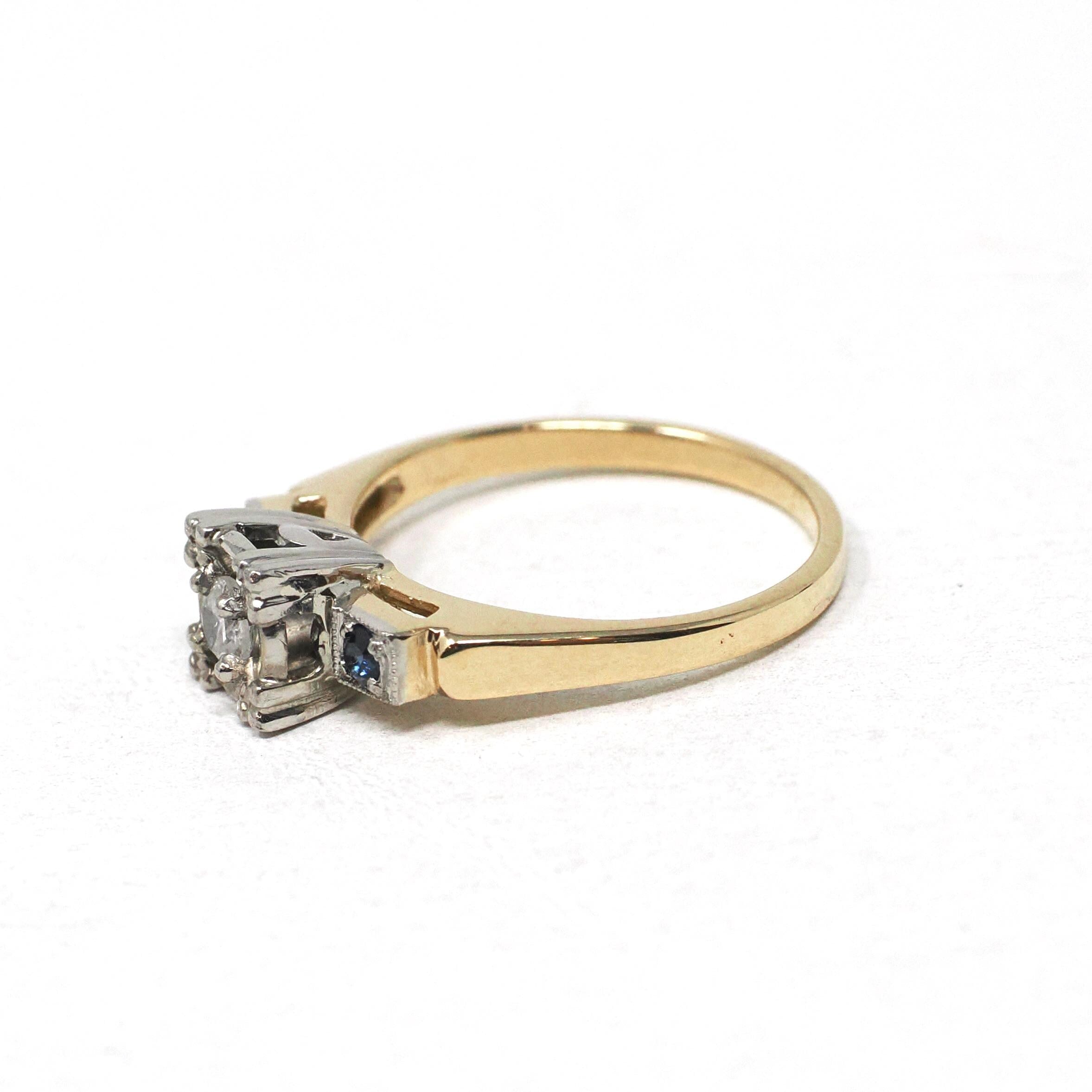 Mid Century Diamond Ring - Vintage 14k Yellow & White Gold Natural Sapphires Engagement - Circa 1940s Size 3 Two Tone Illusion Fine Jewelry