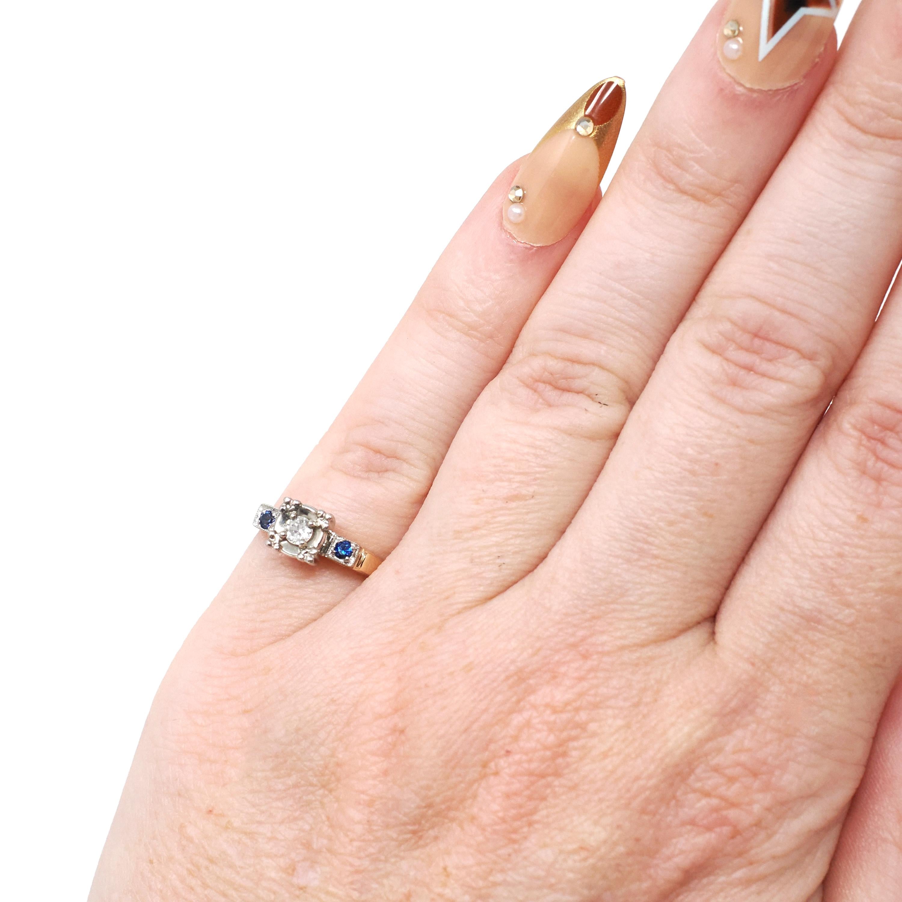 Mid Century Diamond Ring - Vintage 14k Yellow & White Gold Natural Sapphires Engagement - Circa 1940s Size 3 Two Tone Illusion Fine Jewelry
