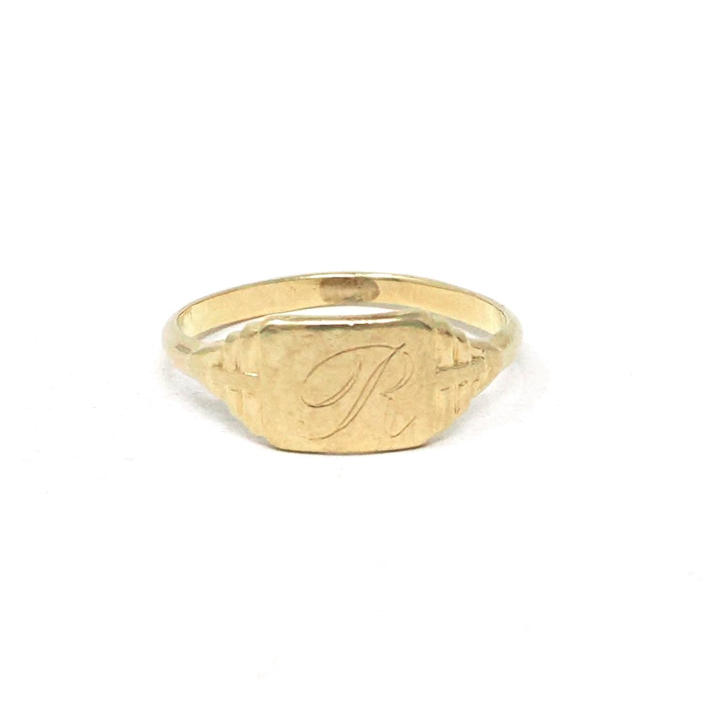 Vintage "R" Signet Ring - Mid Century 10k Yellow Gold Engraved Initial Script Letter - Circa 1940s Era Size 1 Petite Midi Pinky Fine Jewelry