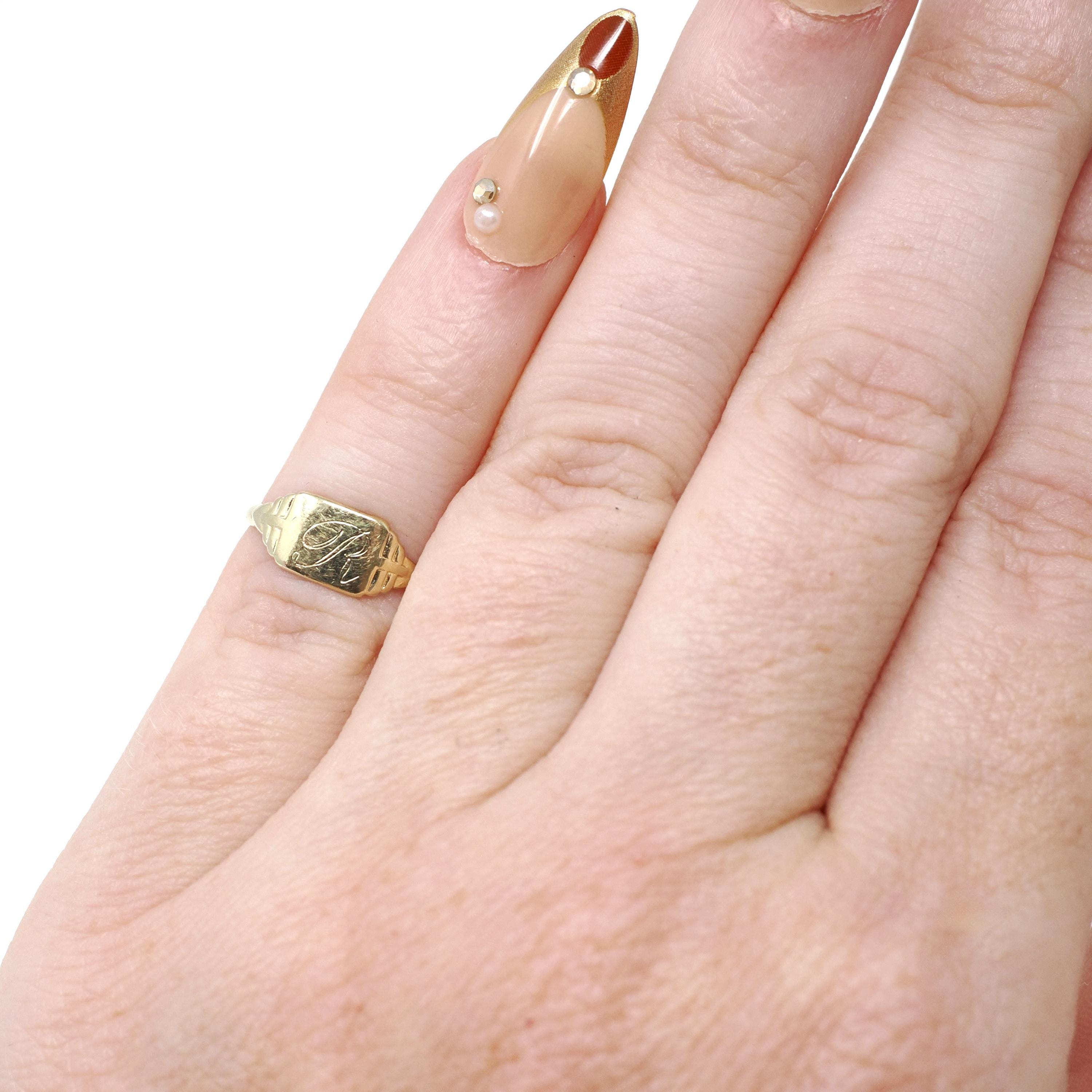 Vintage "R" Signet Ring - Mid Century 10k Yellow Gold Engraved Initial Script Letter - Circa 1940s Era Size 1 Petite Midi Pinky Fine Jewelry