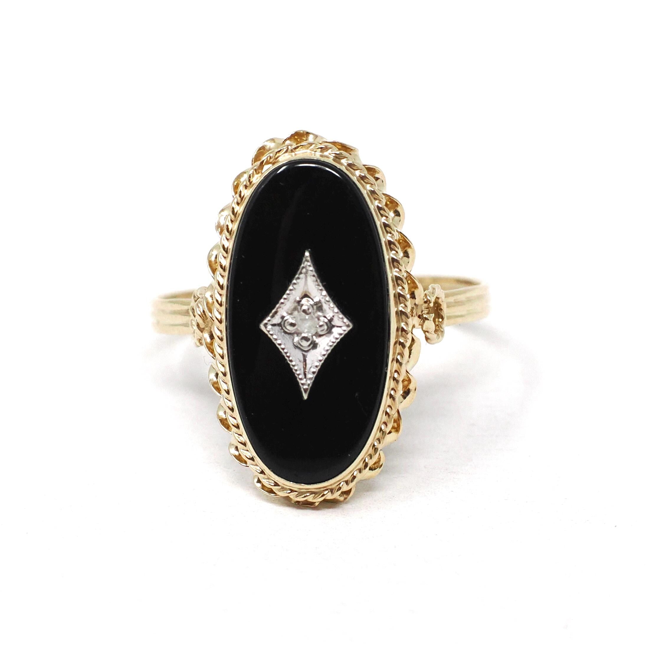 Vintage Onyx Ring - Retro 14k Yellow Gold Oval Black Chalcedony Gemstone - Circa 1960s Era Size 8 3/4 Natural .01 CT Diamond Fine Jewelry
