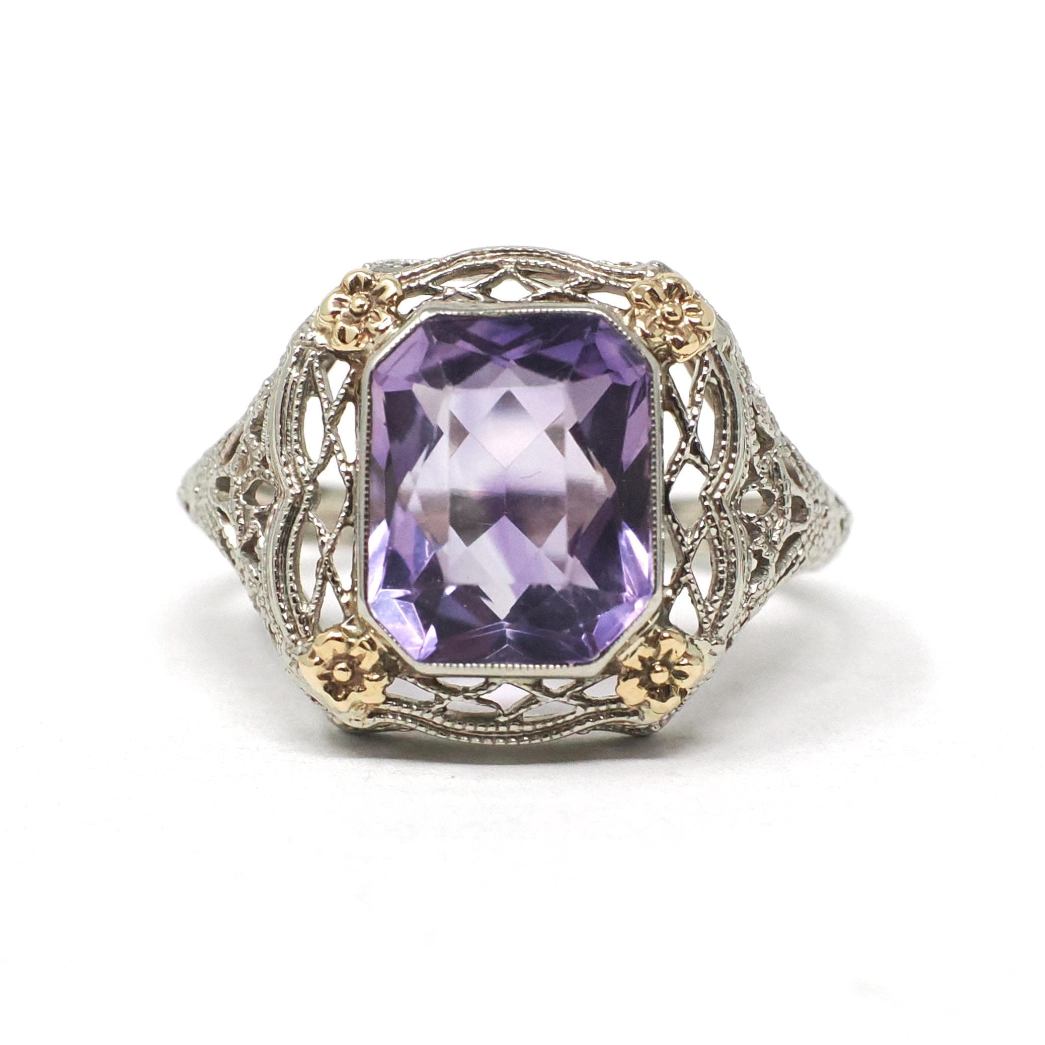 Vintage Amethyst Ring - Art Deco 14k White Gold Filigree French Cut Purple Gem - Circa 1930s Era Size 6 1/4 Floral Two Tone Fine Jewelry