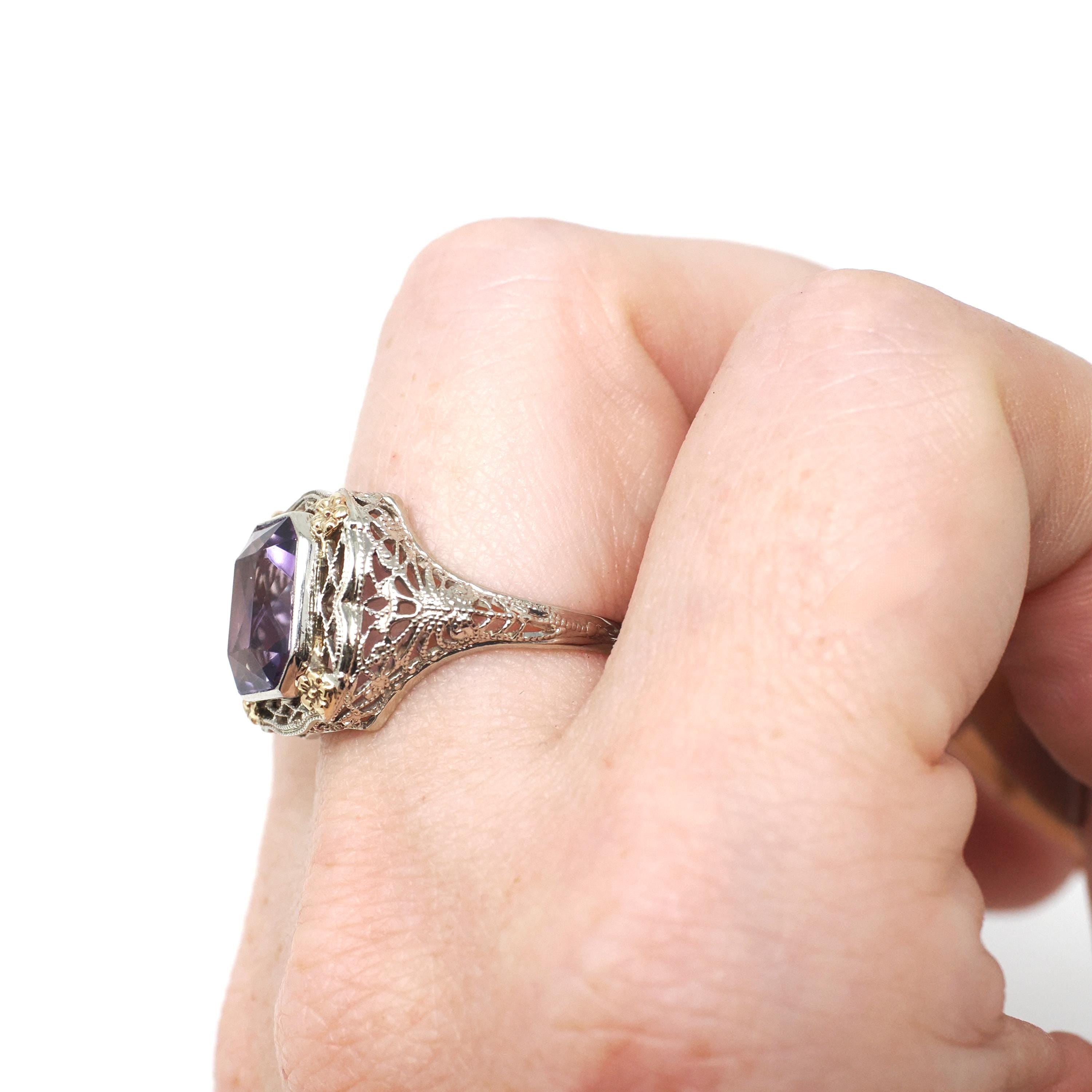Vintage Amethyst Ring - Art Deco 14k White Gold Filigree French Cut Purple Gem - Circa 1930s Era Size 6 1/4 Floral Two Tone Fine Jewelry