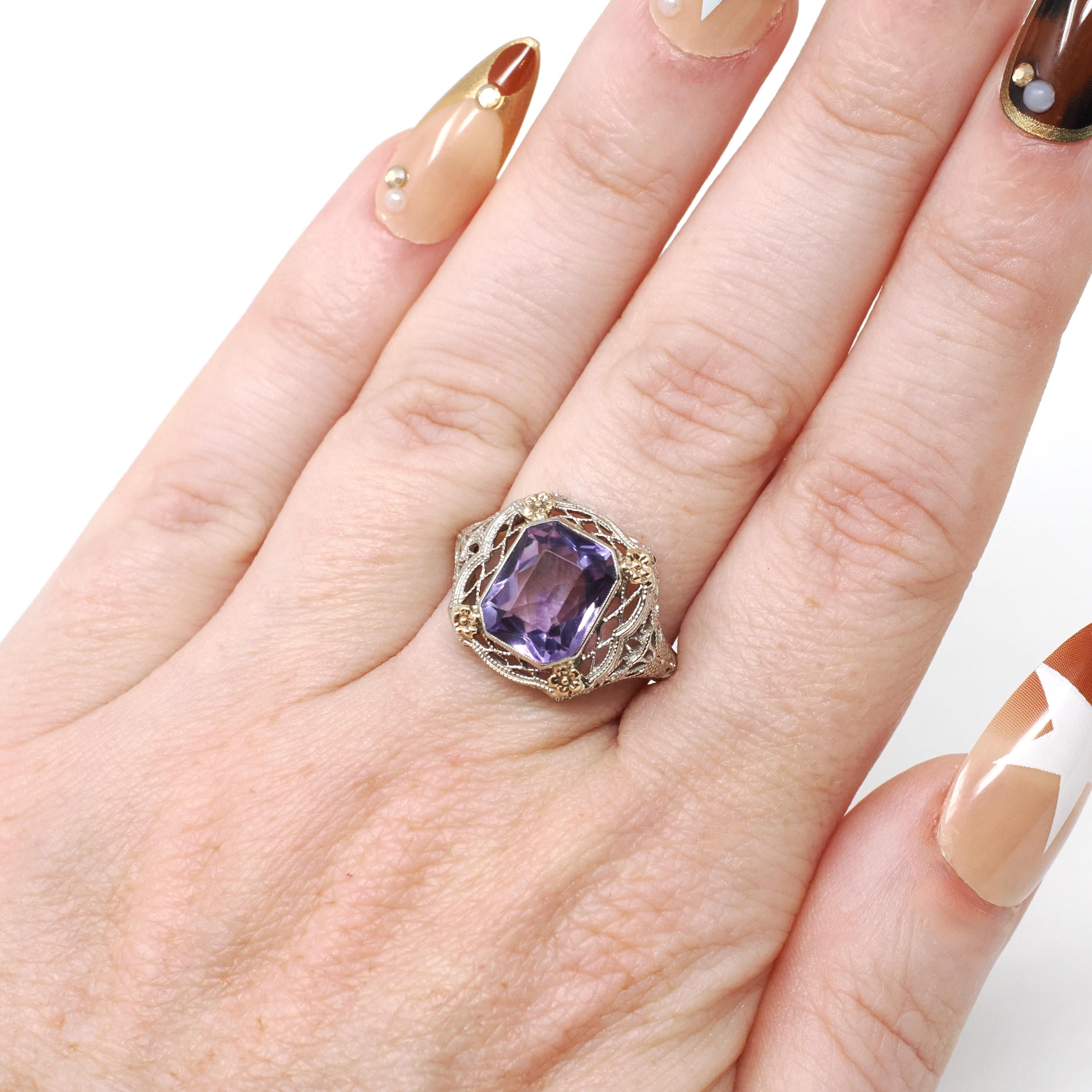 Vintage Amethyst Ring - Art Deco 14k White Gold Filigree French Cut Purple Gem - Circa 1930s Era Size 6 1/4 Floral Two Tone Fine Jewelry