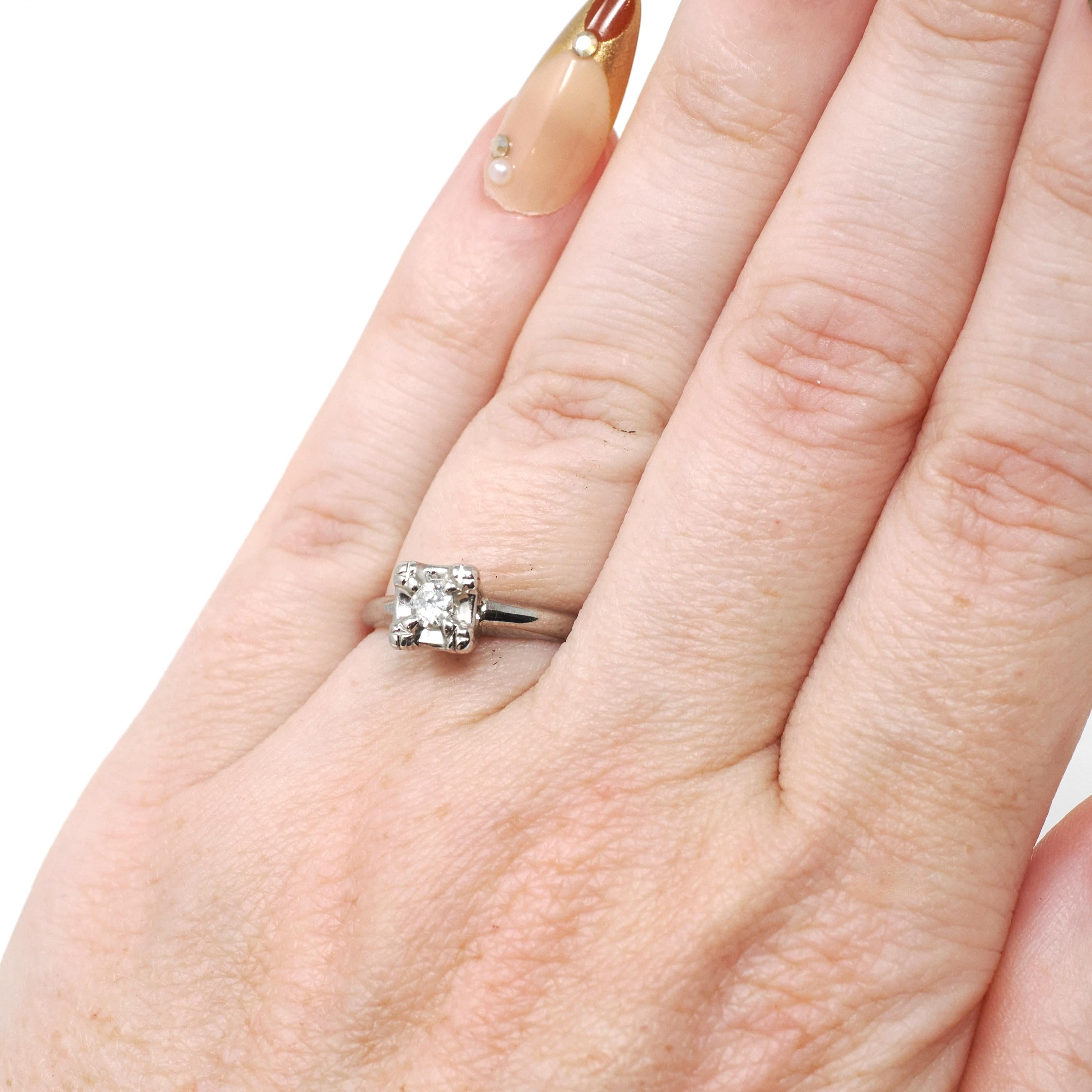 Mid Century Diamond Ring - Vintage 14k White Gold Natural Gemstone Engagement - Circa 1950s Era Size 5 Illusion Solitaire Fine 50s Jewelry