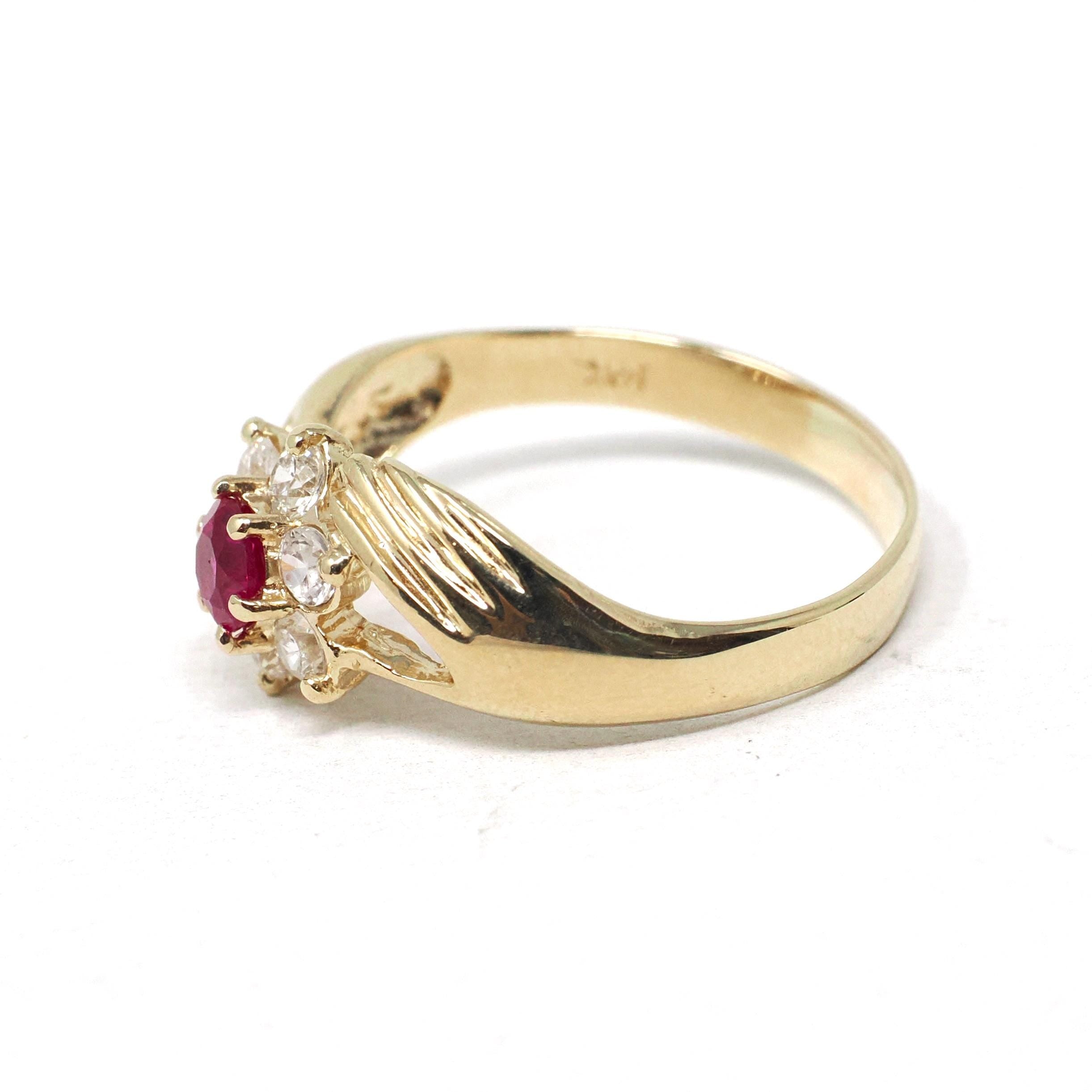 Hand Bypass Ring - Modern 14k Yellow Gold Created Ruby & CZ Flower Halo - Estate Circa 2000s Size 11 1/2 Clasping Figural Flora Fine Jewelry