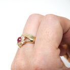 Hand Bypass Ring - Modern 14k Yellow Gold Created Ruby & CZ Flower Halo - Estate Circa 2000s Size 11 1/2 Clasping Figural Flora Fine Jewelry