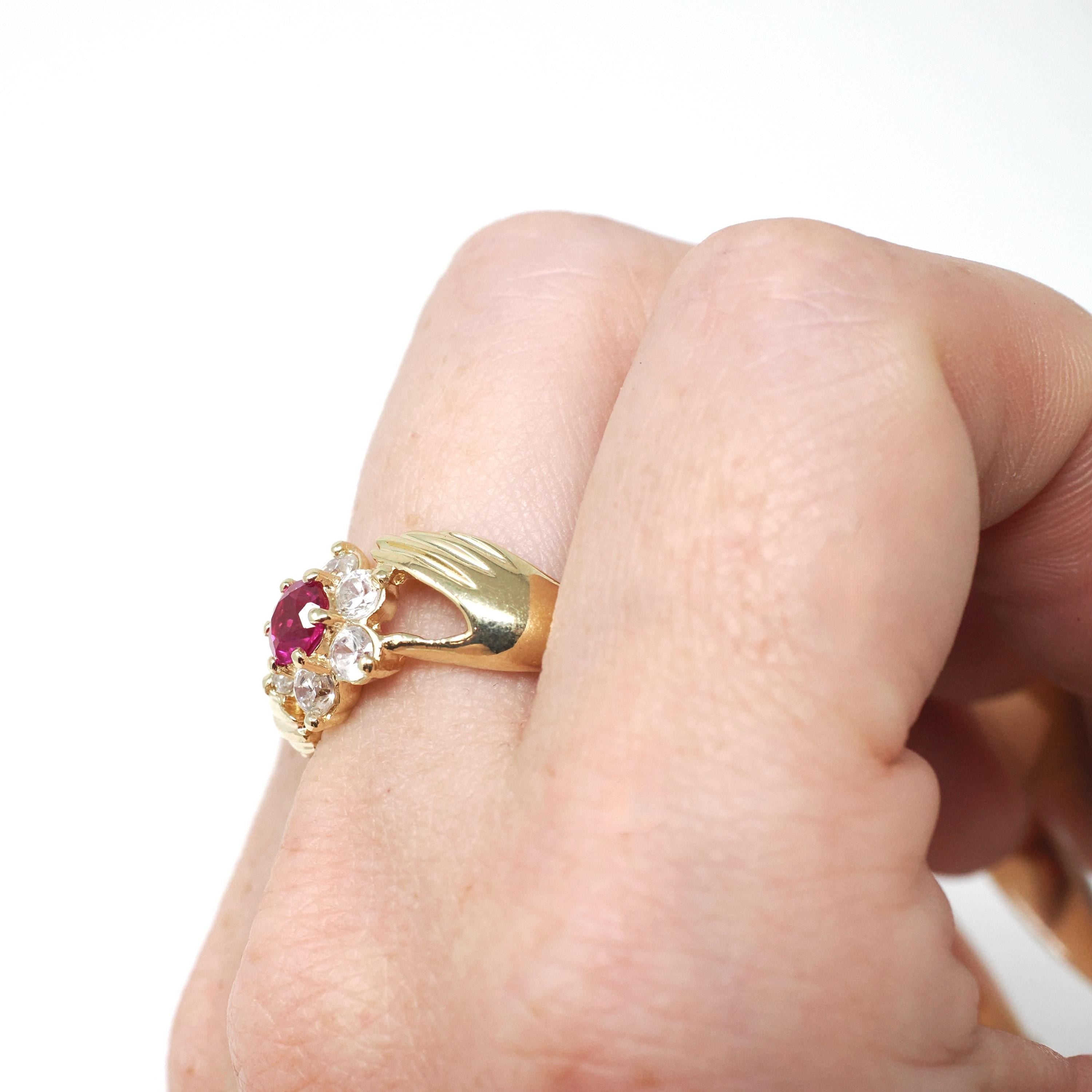 Hand Bypass Ring - Modern 14k Yellow Gold Created Ruby & CZ Flower Halo - Estate Circa 2000s Size 11 1/2 Clasping Figural Flora Fine Jewelry
