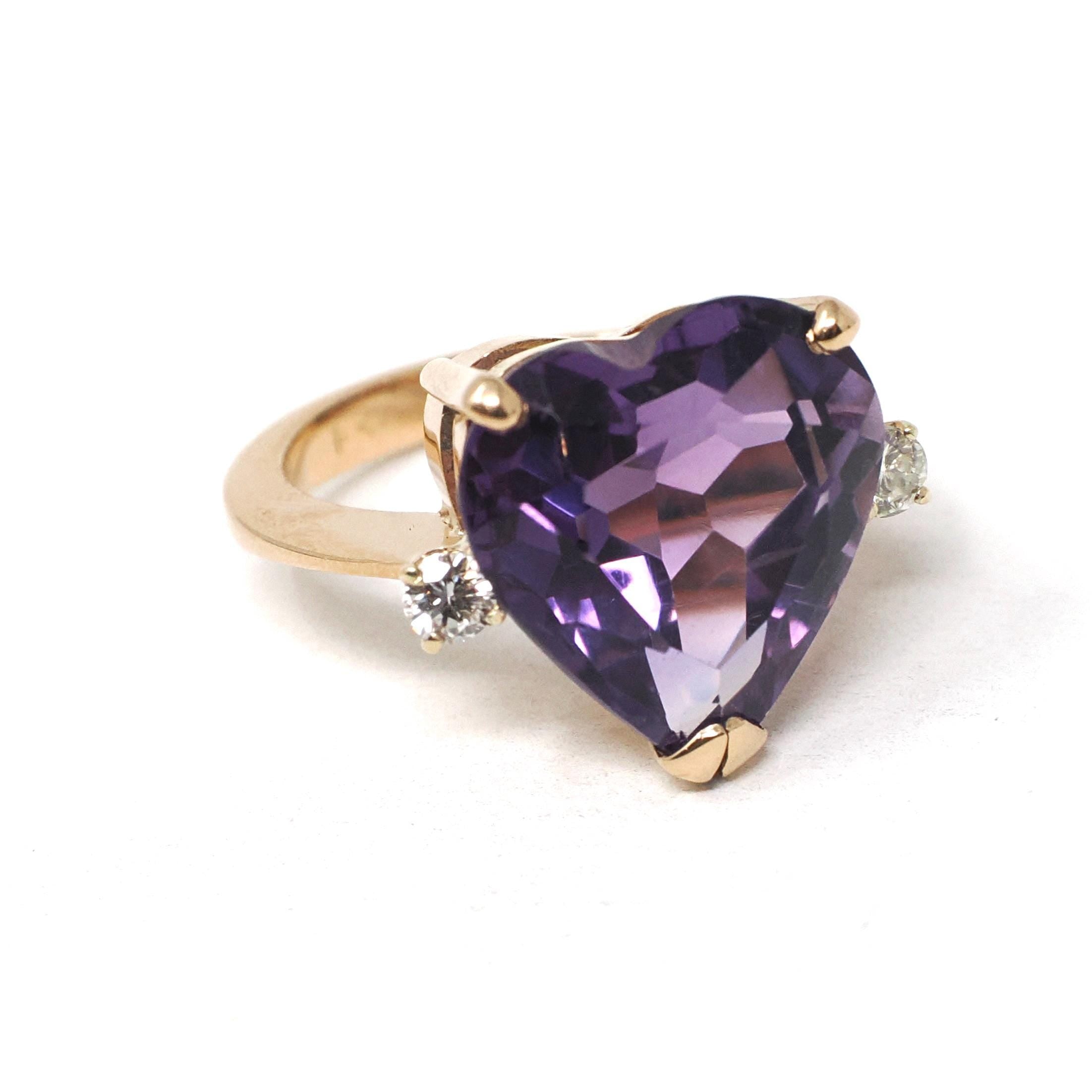 Amethyst Heart Ring - Estate 14k Yellow Gold Purple Gem & .16 CTW Diamonds - Modern Circa 2000s Era Size 5 February Birthstone Fine Jewelry