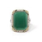 Art Deco Ring - Vintage 14k White Gold Dyed Green Chalcedony & Seed Pearl Halo - Circa 1930s Size 5.75 Two Tone Floral Filigree Fine Jewelry