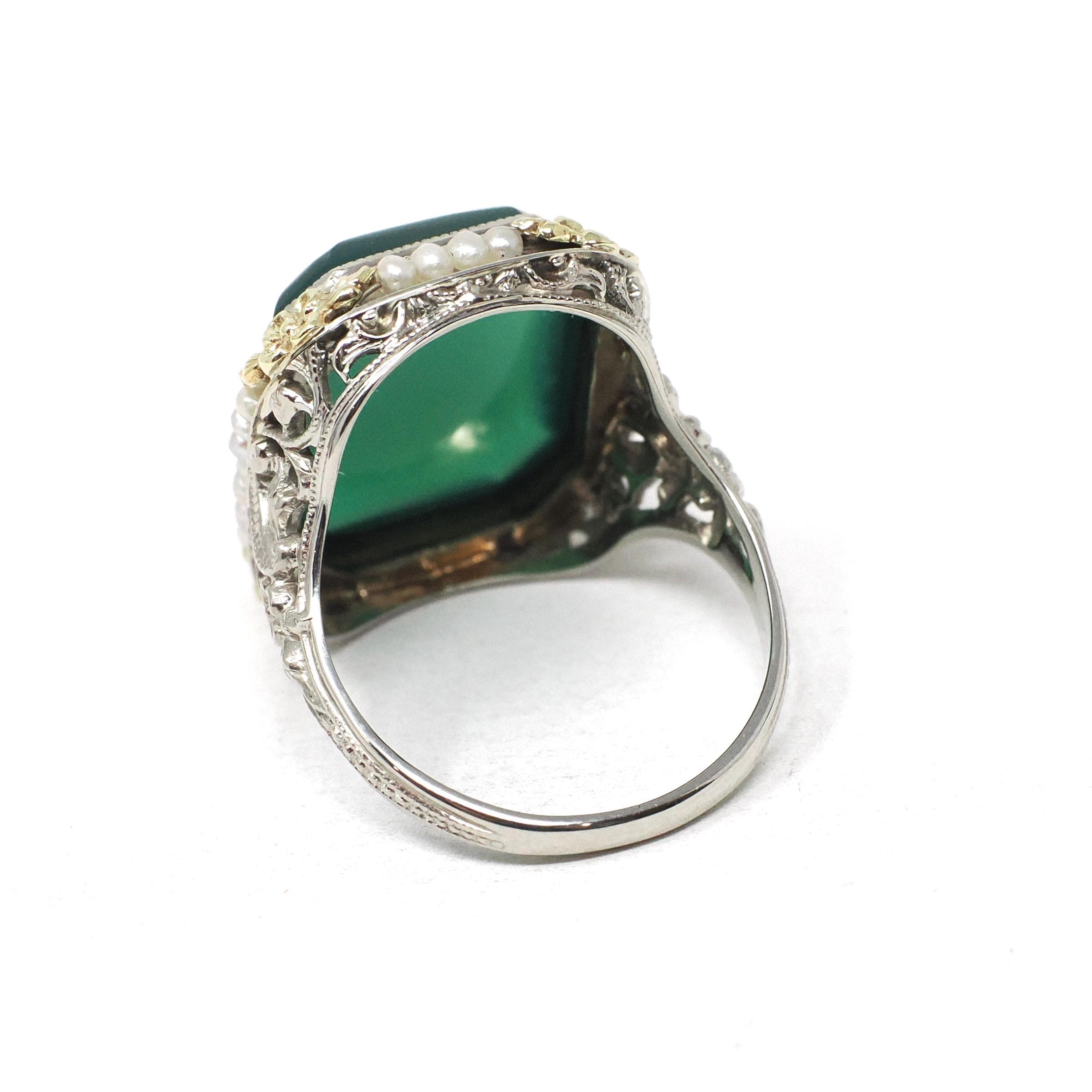 Art Deco Ring - Vintage 14k White Gold Dyed Green Chalcedony & Seed Pearl Halo - Circa 1930s Size 5.75 Two Tone Floral Filigree Fine Jewelry