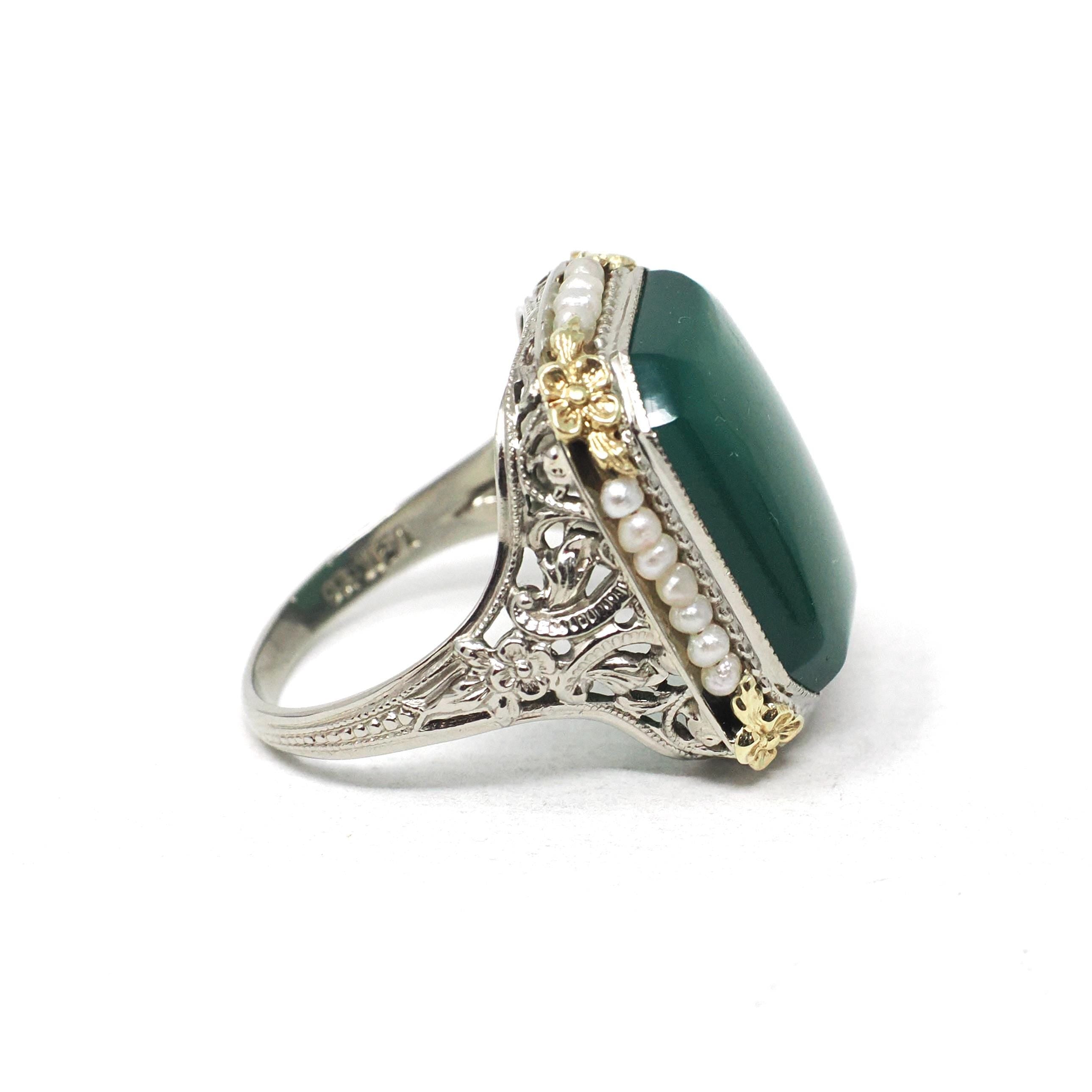 Art Deco Ring - Vintage 14k White Gold Dyed Green Chalcedony & Seed Pearl Halo - Circa 1930s Size 5.75 Two Tone Floral Filigree Fine Jewelry