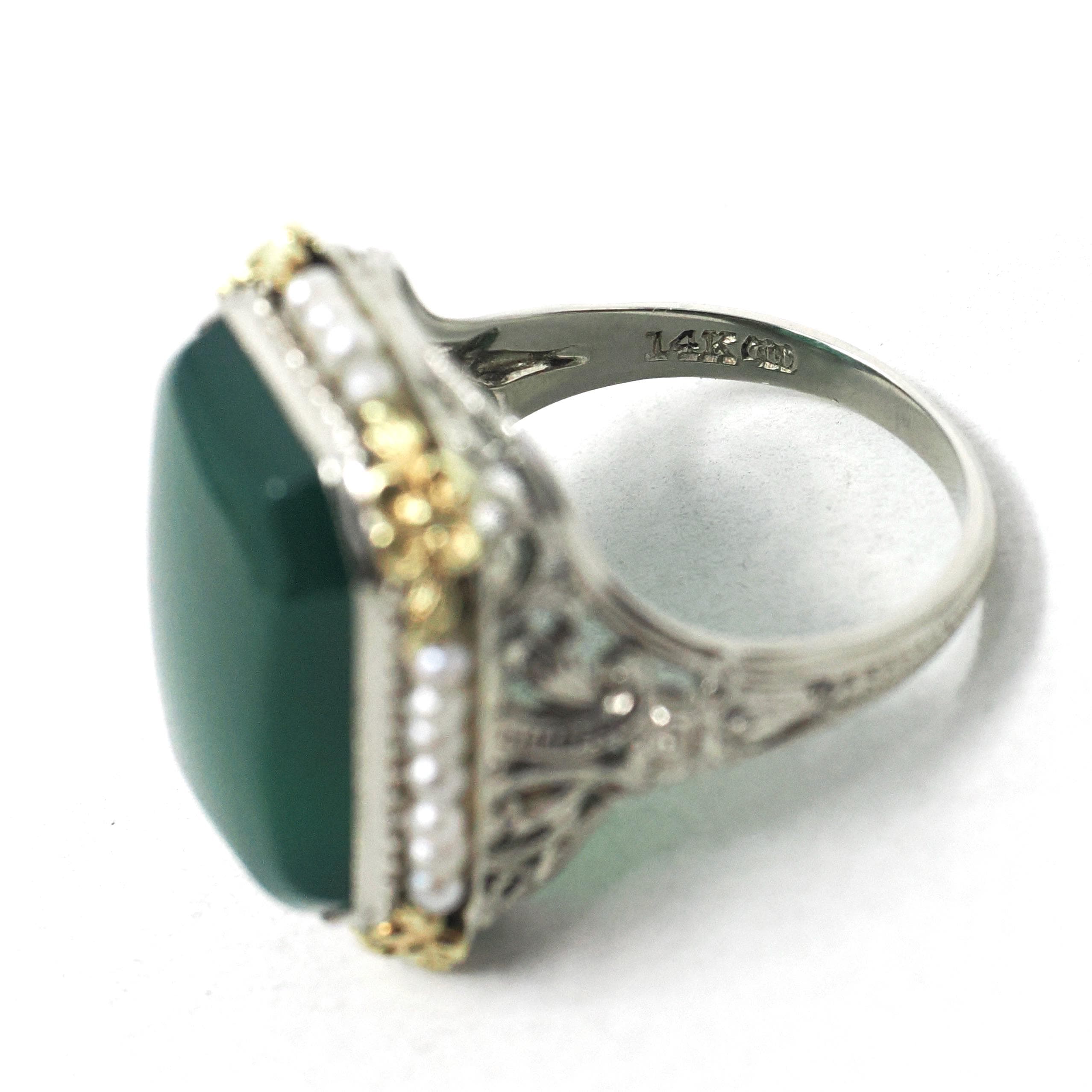 Art Deco Ring - Vintage 14k White Gold Dyed Green Chalcedony & Seed Pearl Halo - Circa 1930s Size 5.75 Two Tone Floral Filigree Fine Jewelry