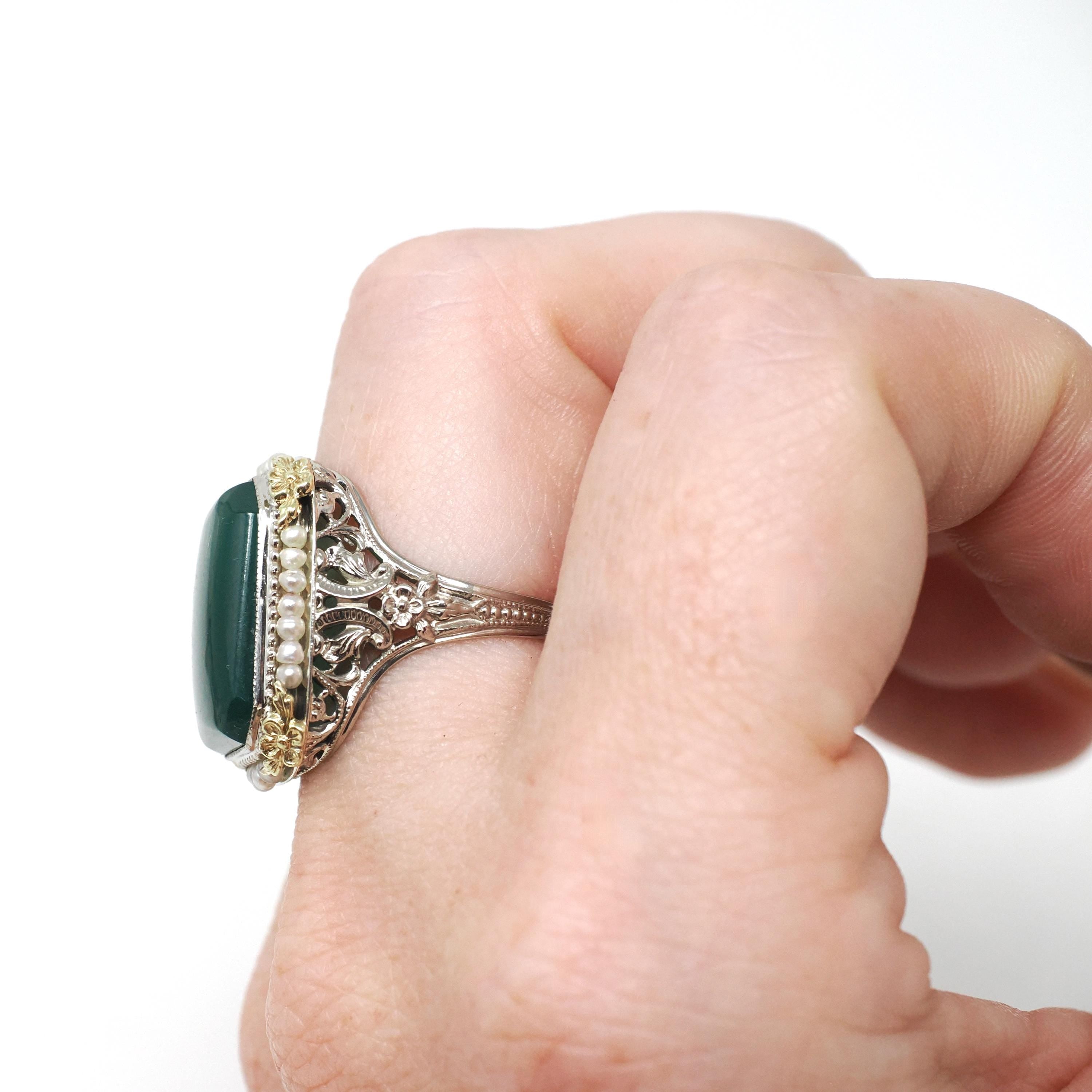 Art Deco Ring - Vintage 14k White Gold Dyed Green Chalcedony & Seed Pearl Halo - Circa 1930s Size 5.75 Two Tone Floral Filigree Fine Jewelry