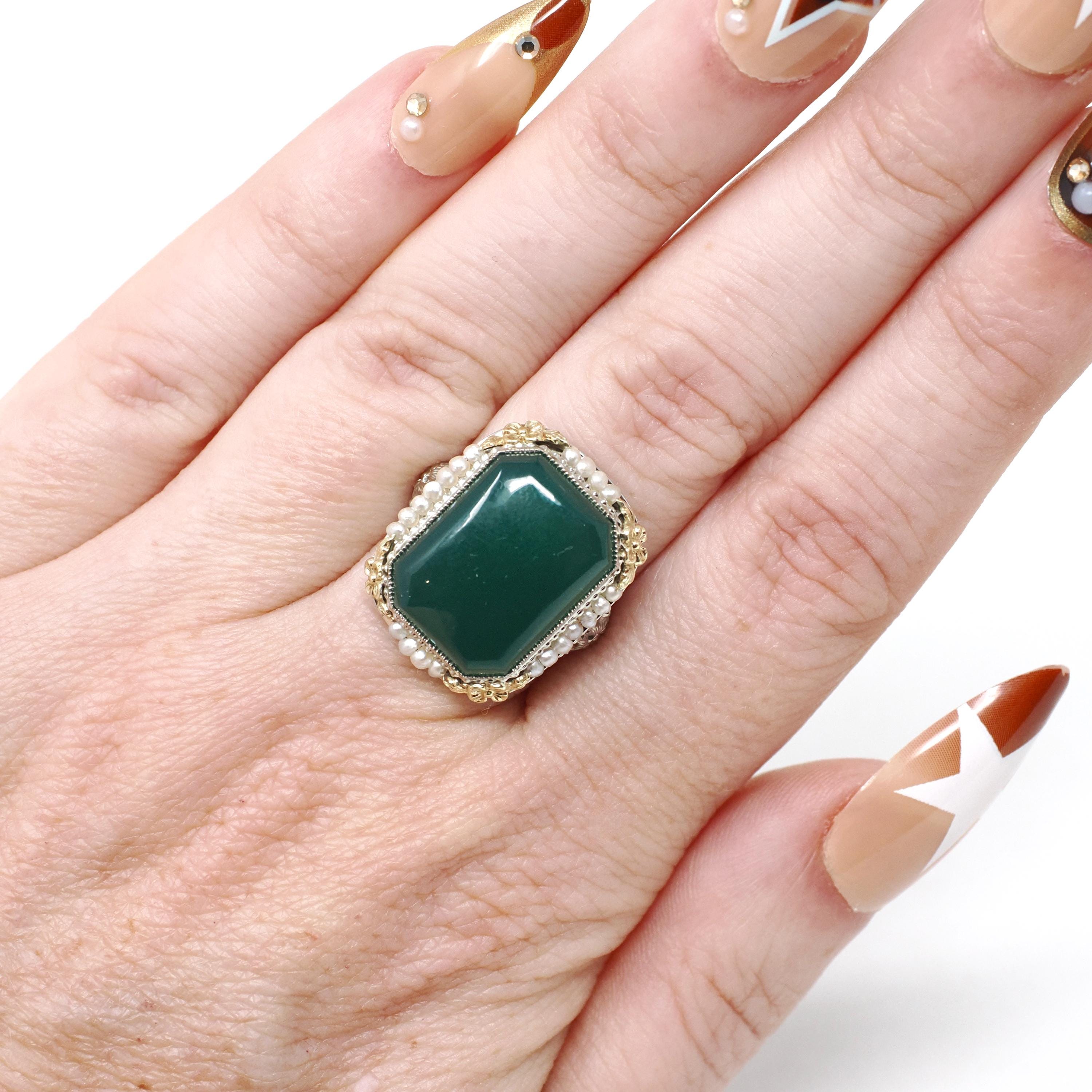 Art Deco Ring - Vintage 14k White Gold Dyed Green Chalcedony & Seed Pearl Halo - Circa 1930s Size 5.75 Two Tone Floral Filigree Fine Jewelry