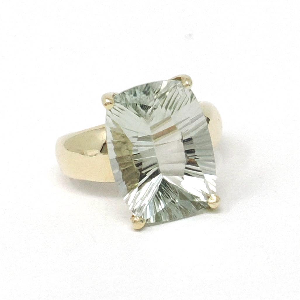 Fantasy Cut Prasiolite Ring - Modern 10k Yellow Gold Large Natural Light Green Quartz Solitaire Statement - Circa 2000s Size 6 Fine Jewelry