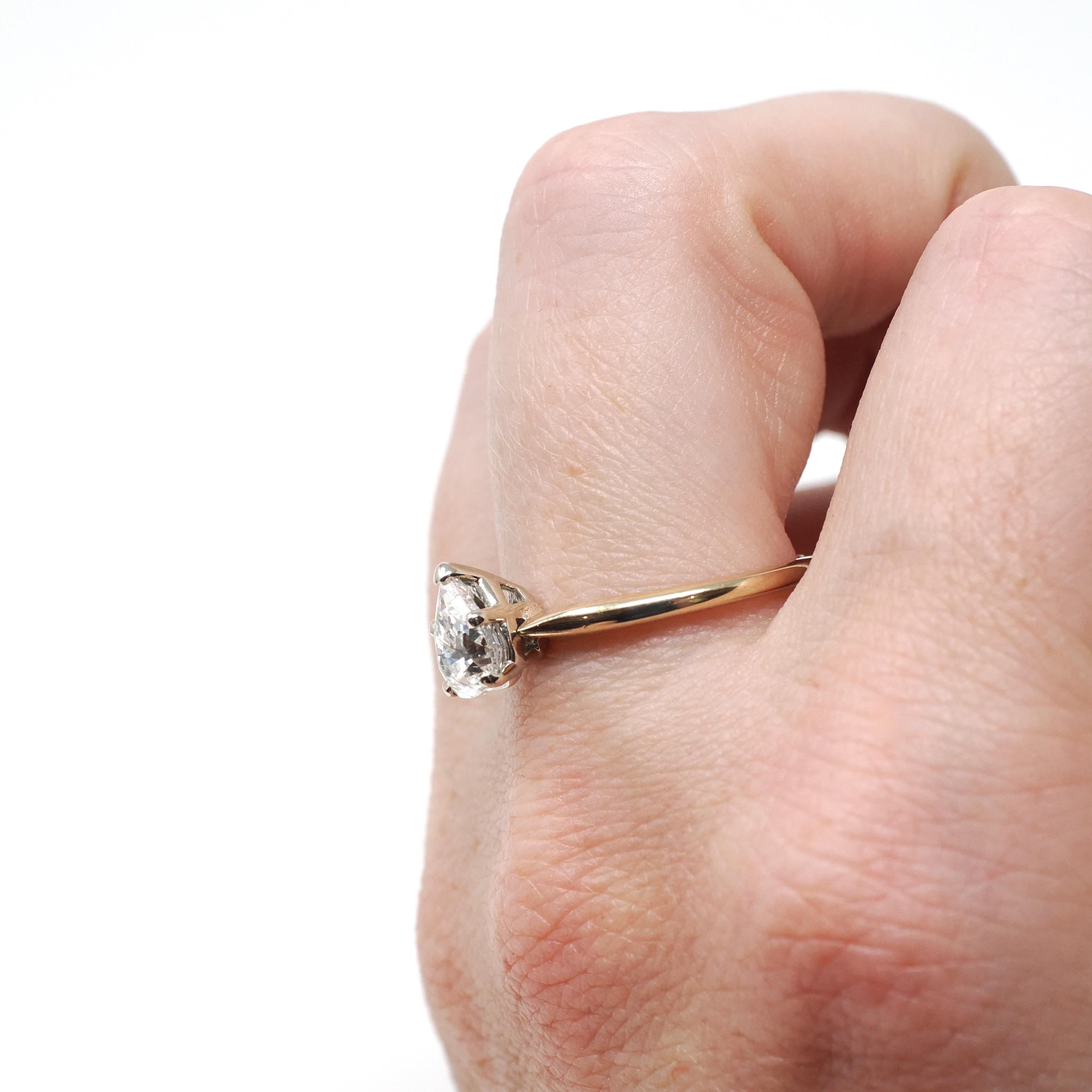 Diamond Engagement Ring - Estate 14k Yellow & White Gold 1.06 CT Pear Brilliant Cut Solitaire - Modern Size 8.5 Fine Two Tone Bridal Jewelry
