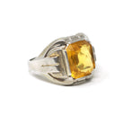 Simulated Yellow Sapphire Ring - Mid Century Sterling Silver Glass Stone Signet - Circa 1940s Era Size 10 1/4 Statement OB Fashion Jewelry