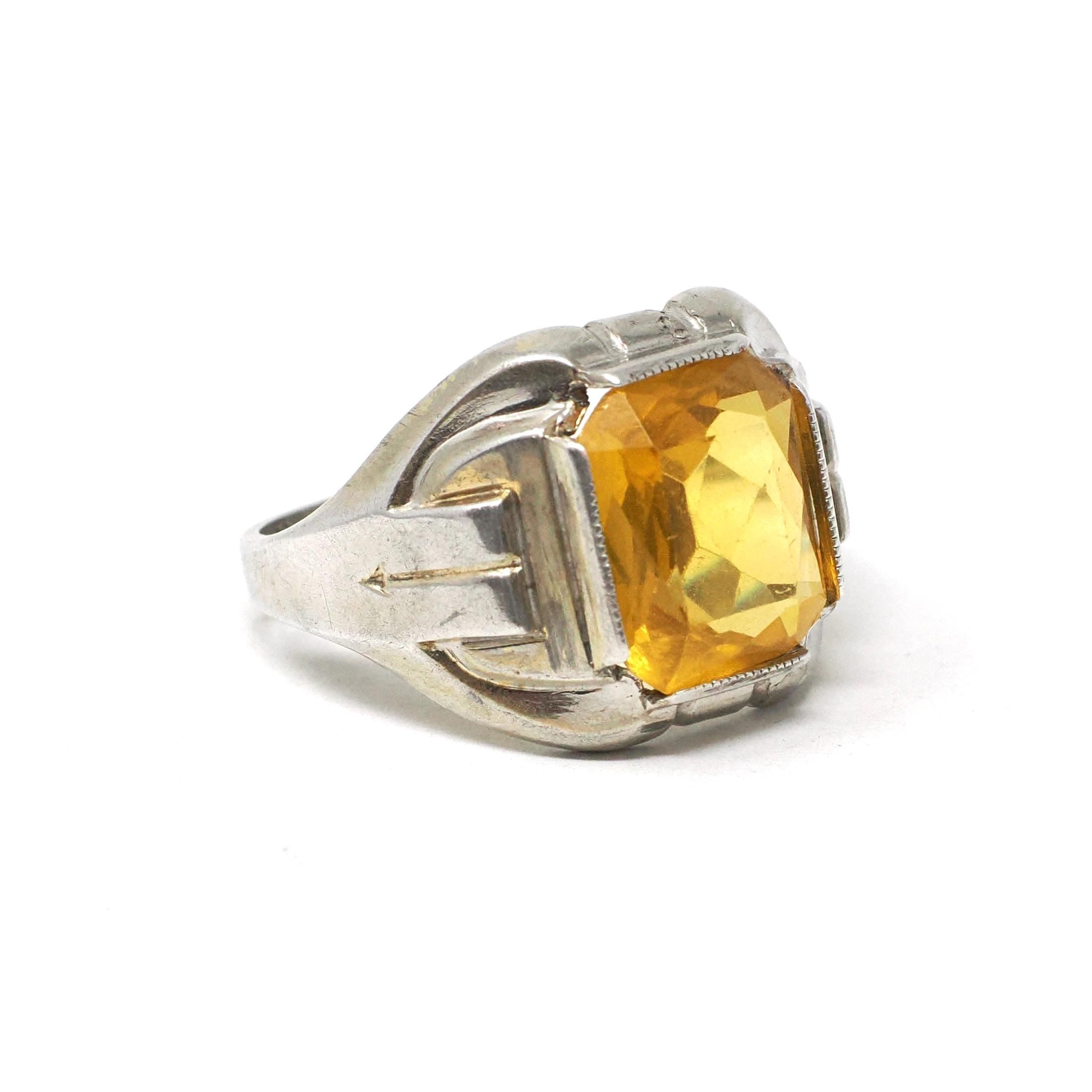 Simulated Yellow Sapphire Ring - Mid Century Sterling Silver Glass Stone Signet - Circa 1940s Era Size 10 1/4 Statement OB Fashion Jewelry