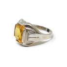 Simulated Yellow Sapphire Ring - Mid Century Sterling Silver Glass Stone Signet - Circa 1940s Era Size 10 1/4 Statement OB Fashion Jewelry