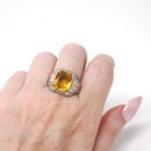 Simulated Yellow Sapphire Ring - Mid Century Sterling Silver Glass Stone Signet - Circa 1940s Era Size 10 1/4 Statement OB Fashion Jewelry