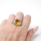 Simulated Yellow Sapphire Ring - Mid Century Sterling Silver Glass Stone Signet - Circa 1940s Era Size 10 1/4 Statement OB Fashion Jewelry