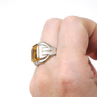 Simulated Yellow Sapphire Ring - Mid Century Sterling Silver Glass Stone Signet - Circa 1940s Era Size 10 1/4 Statement OB Fashion Jewelry