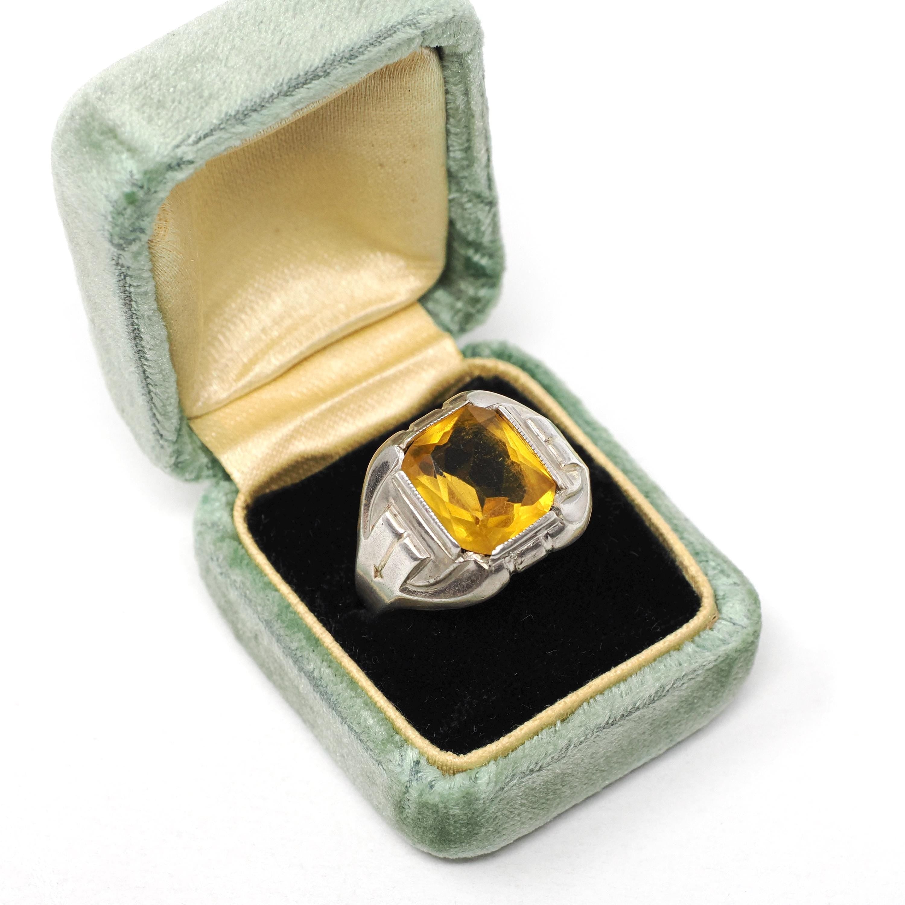 Simulated Yellow Sapphire Ring - Mid Century Sterling Silver Glass Stone Signet - Circa 1940s Era Size 10 1/4 Statement OB Fashion Jewelry