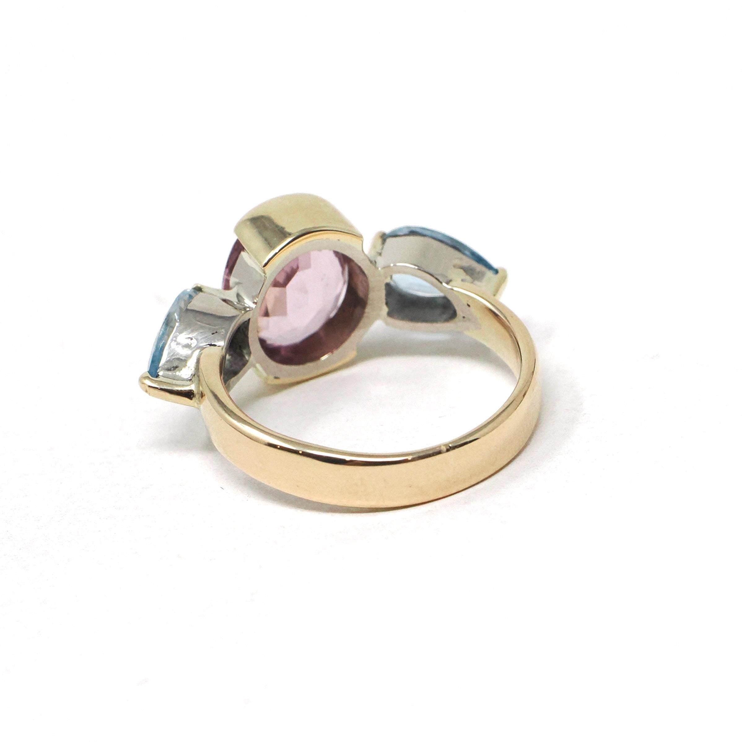 Pink Spinel & Aquamarine Ring - Estate 14k Yellow Gold Gemstone Band - Modern Circa 2000's Era Size 6 1/2 Three Stone Fine Statement Jewelry