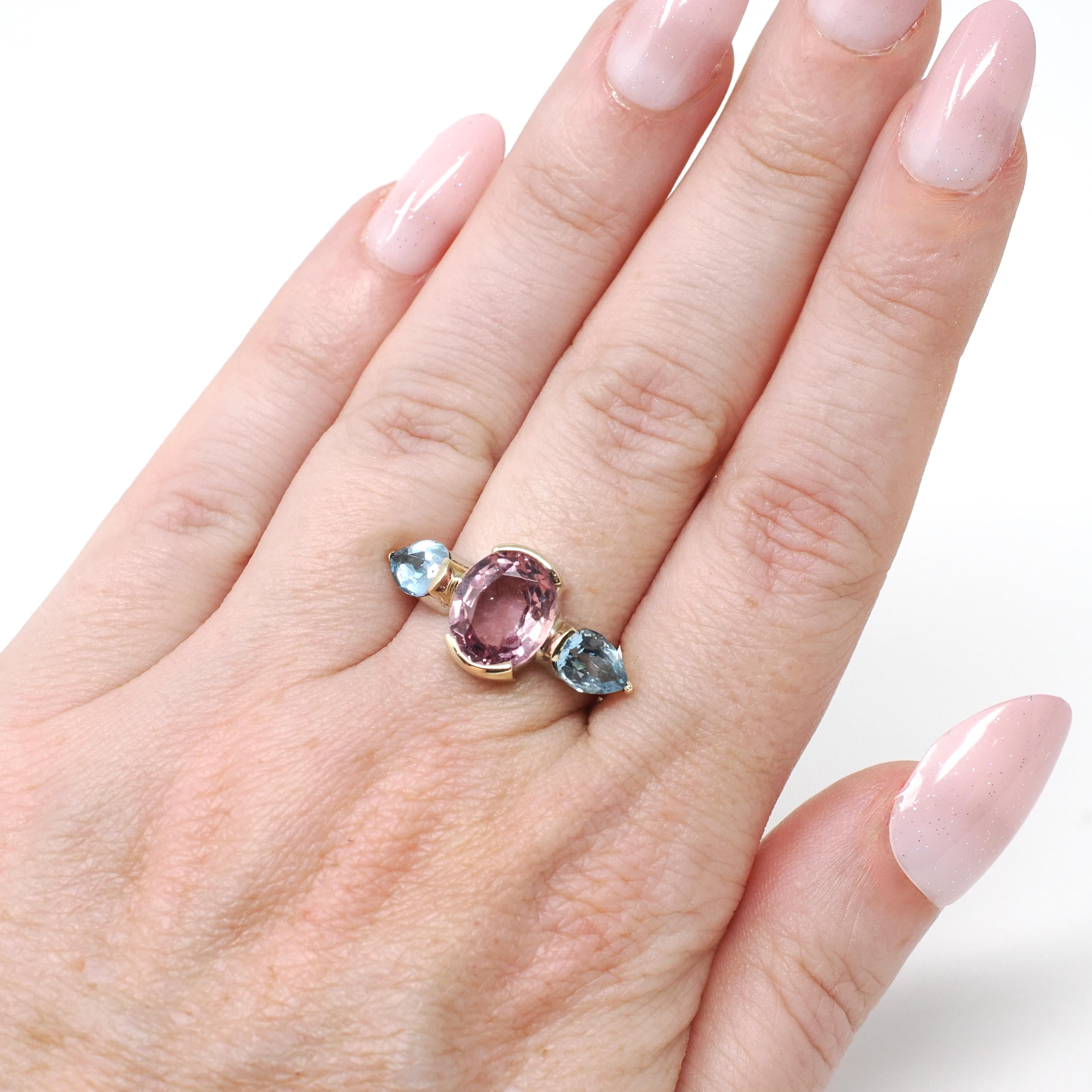 Pink Spinel & Aquamarine Ring - Estate 14k Yellow Gold Gemstone Band - Modern Circa 2000's Era Size 6 1/2 Three Stone Fine Statement Jewelry