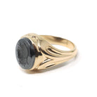 Vintage Hematite Ring - Retro 10k Yellow Gold Intaglio Carved Gray Roman Gem Warrior - Circa 1960s Era Size 10 Unisex Fine Statement Jewelry