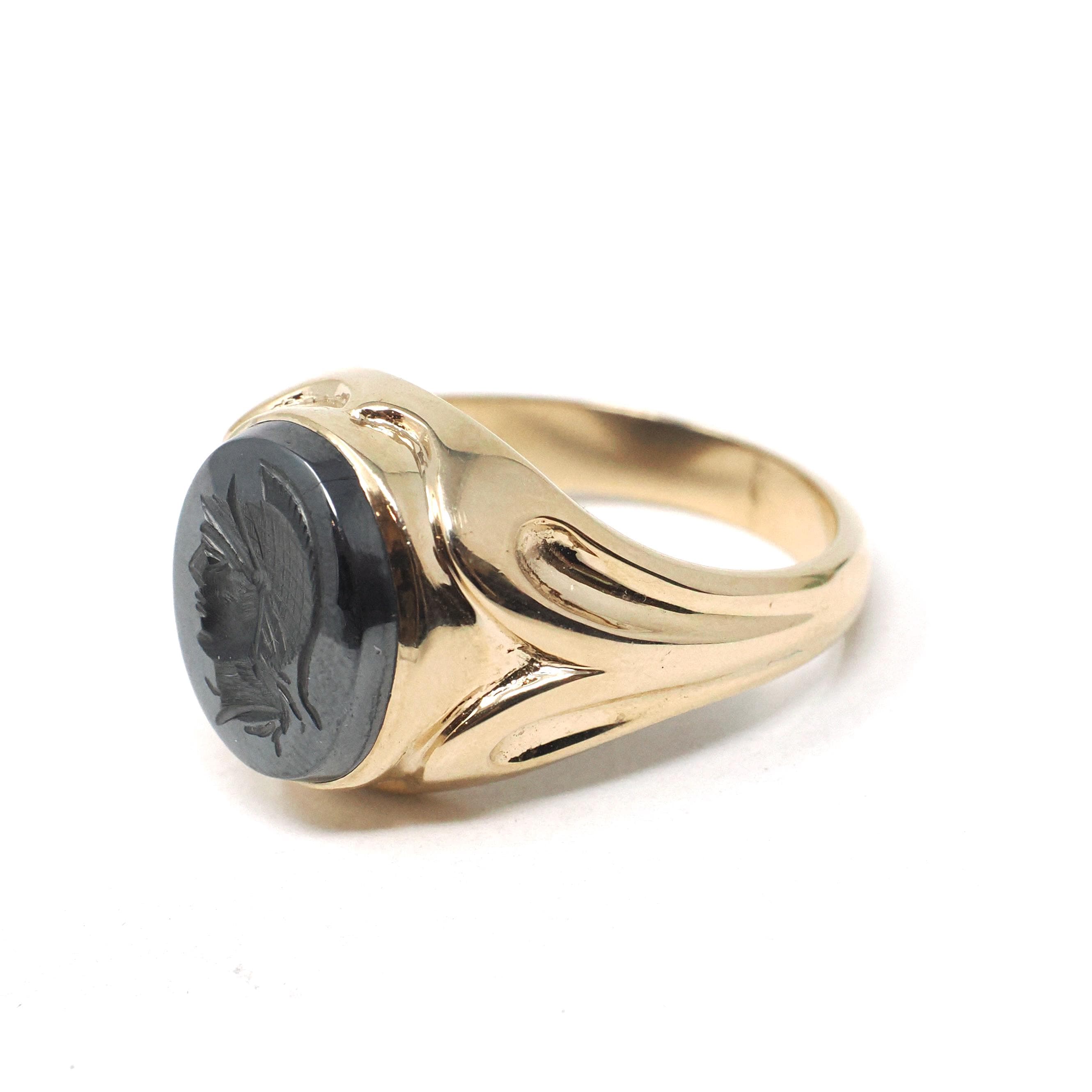 Vintage Hematite Ring - Retro 10k Yellow Gold Intaglio Carved Gray Roman Gem Warrior - Circa 1960s Era Size 10 Unisex Fine Statement Jewelry