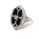 Onyx Filigree Ring - Art Deco Era 14k White Gold Black Chalcedony Navette - Antique Circa 1920s Era Size 6 1/4 Diamond Accent Fine Jewelry