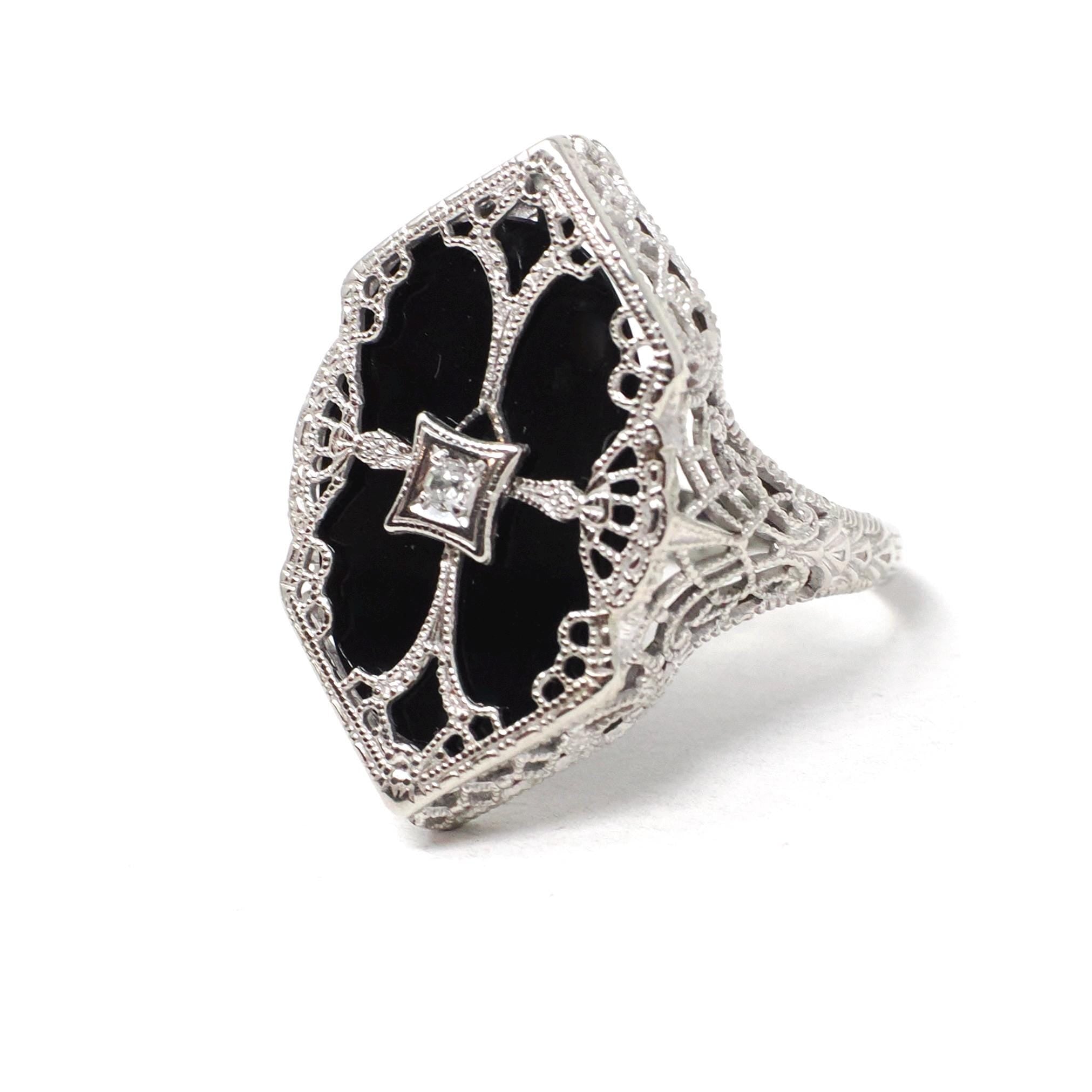 Onyx Filigree Ring - Art Deco Era 14k White Gold Black Chalcedony Navette - Antique Circa 1920s Era Size 6 1/4 Diamond Accent Fine Jewelry