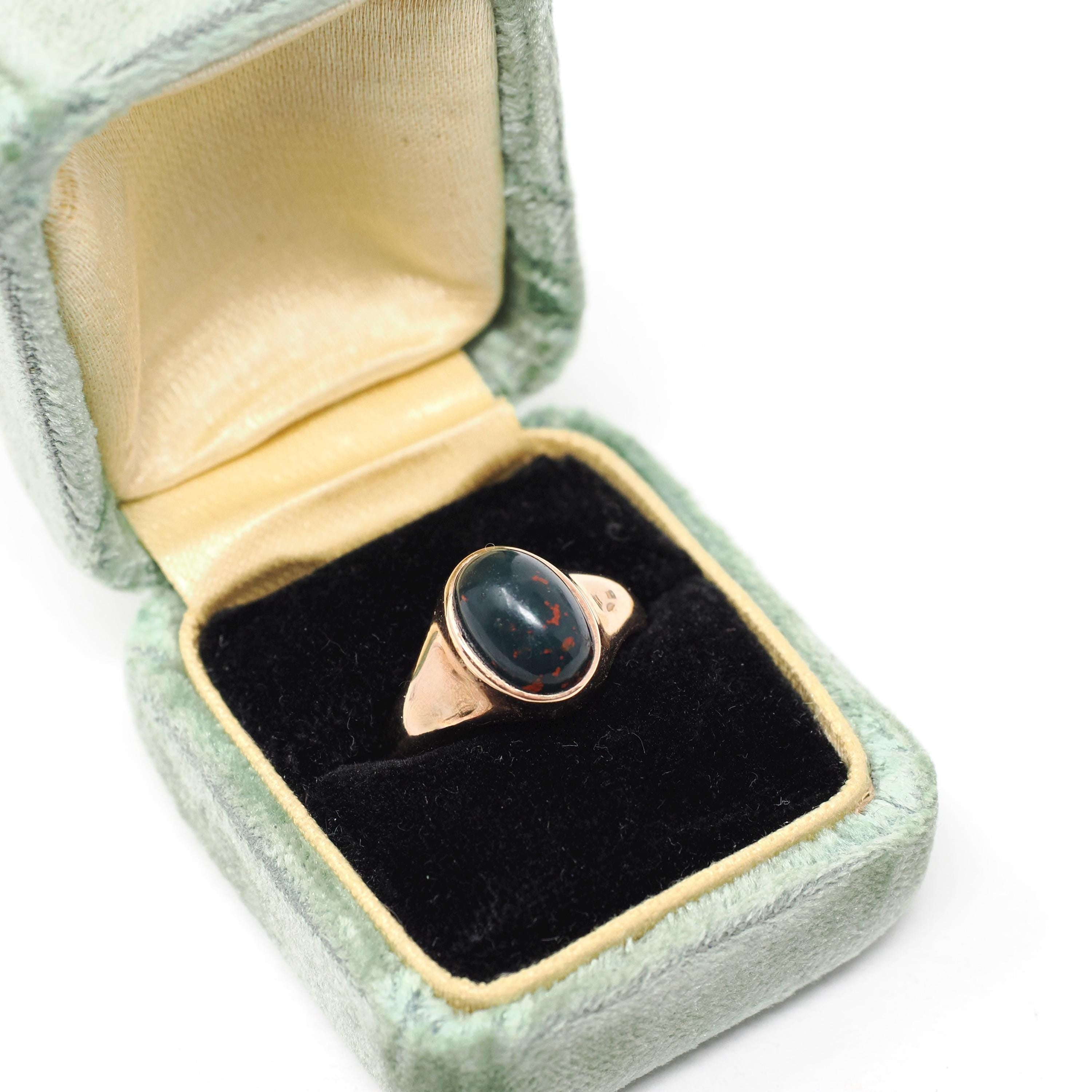 Antique Bloodstone Ring - Edwardian 10k Rose Gold Dark Green Red Oval Cabochon Gem - Dated 1916 Size 5 1/4 Heliotrope Fine Statement Jewelry