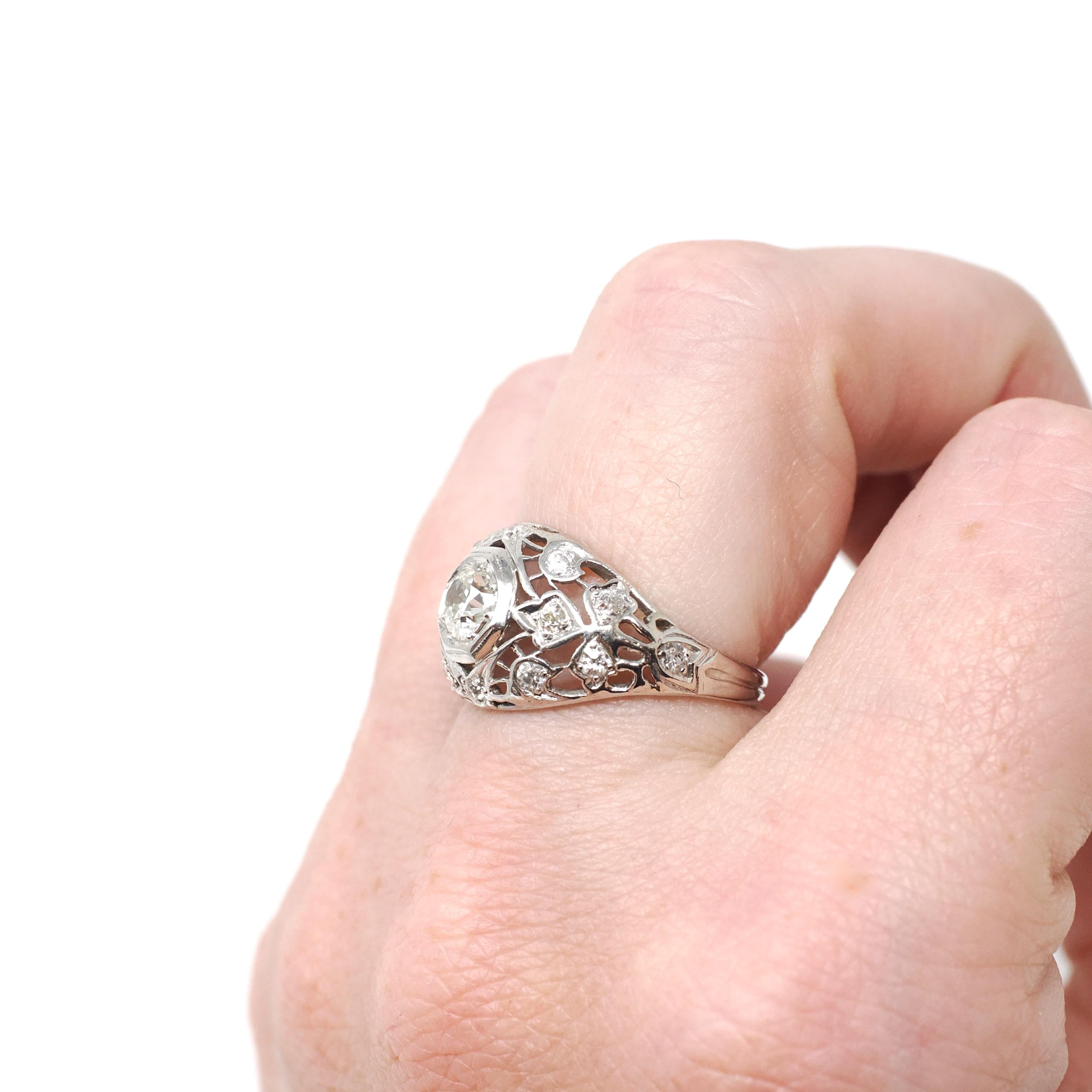 Antique Engagement Ring - Platinum .79 CTW Natural Diamond Anniversary Filigree Band - Circa 1910s Size 5.5 Octagonal Setting Fine Jewelry