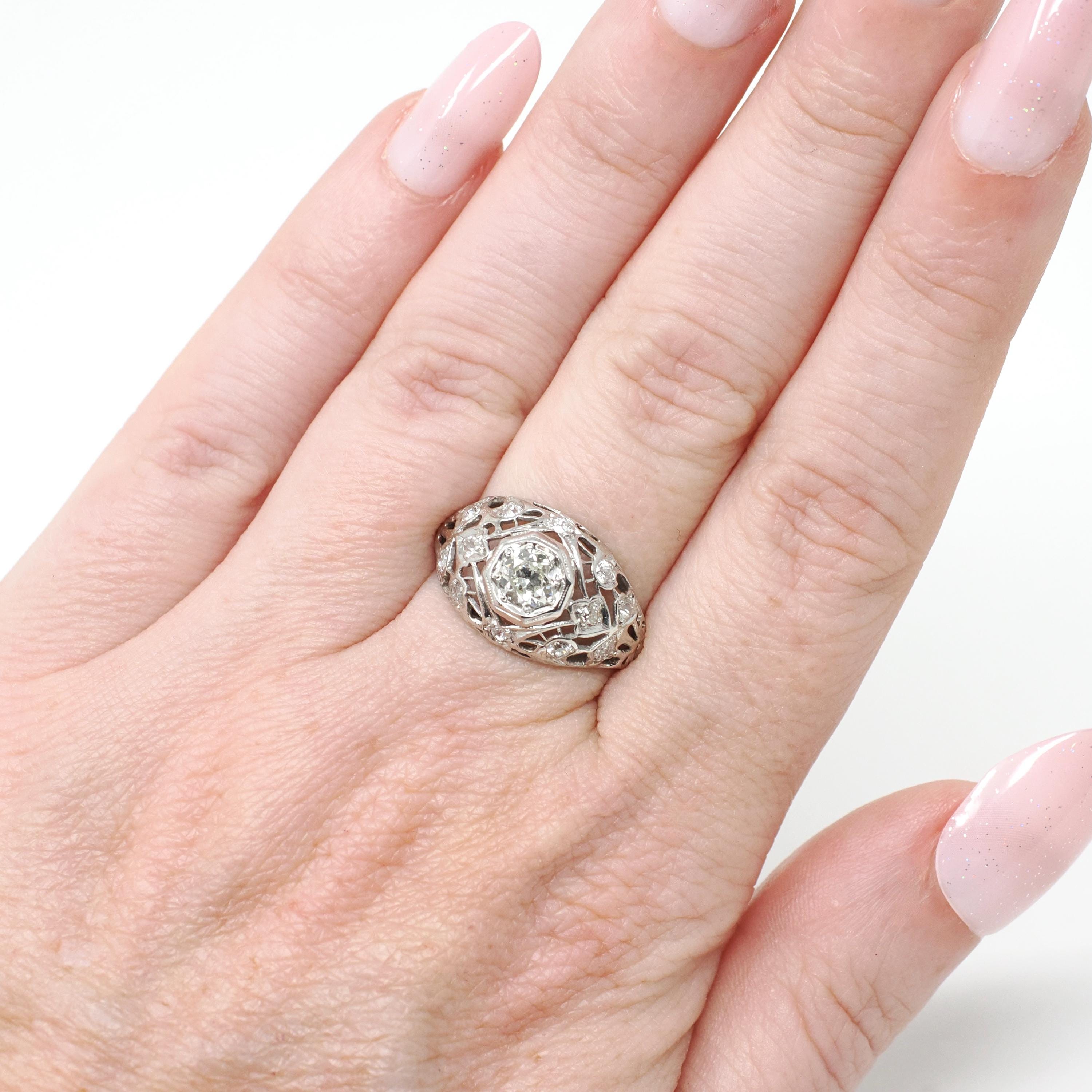 Antique Engagement Ring - Platinum .79 CTW Natural Diamond Anniversary Filigree Band - Circa 1910s Size 5.5 Octagonal Setting Fine Jewelry
