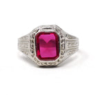 Art Deco Ring - Vintage 10k White Gold Bezel Set Created Red Ruby Gemstone - Circa 1930s Size 5 3/4 July Birthstone Fine Statement Jewelry