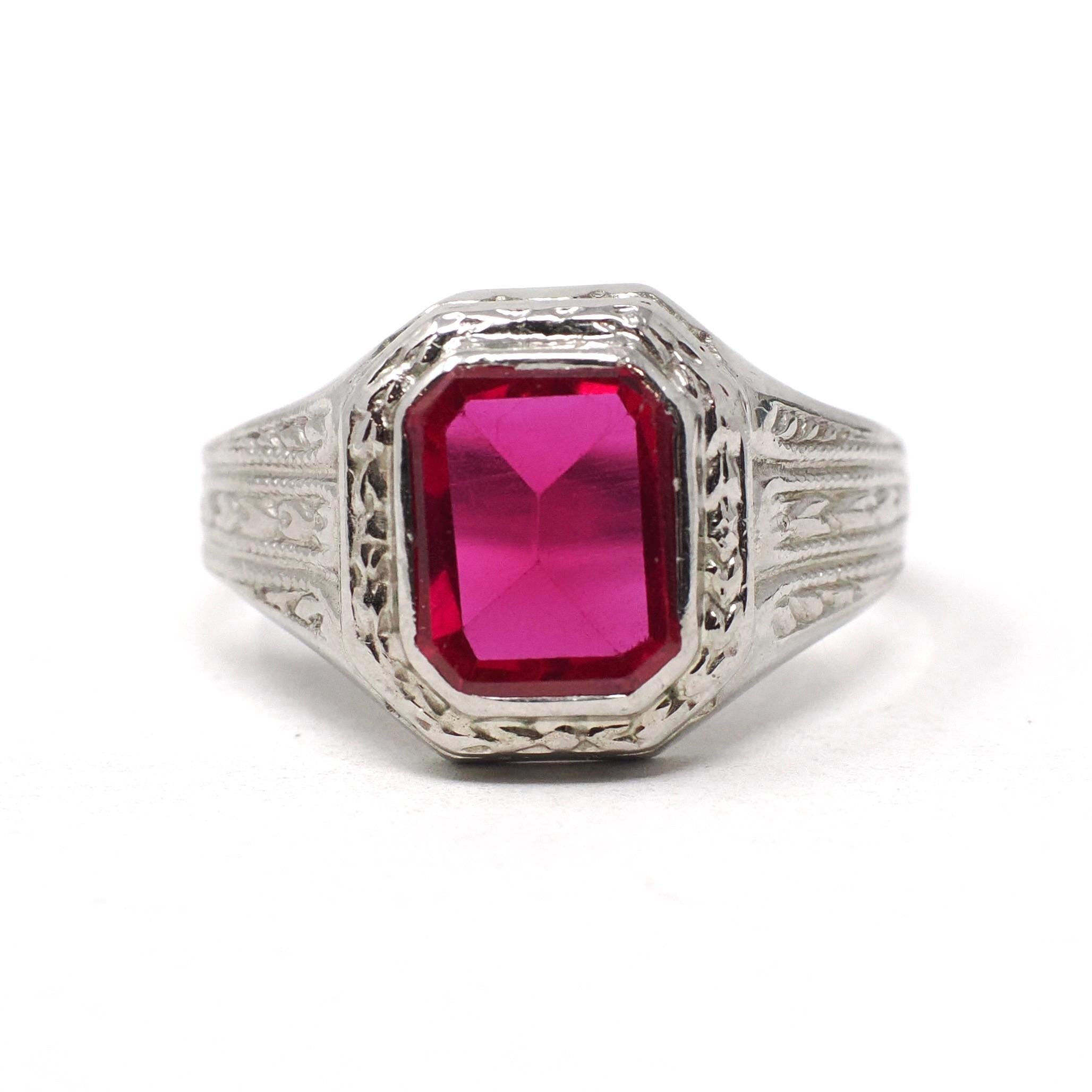 Art Deco Ring - Vintage 10k White Gold Bezel Set Created Red Ruby Gemstone - Circa 1930s Size 5 3/4 July Birthstone Fine Statement Jewelry
